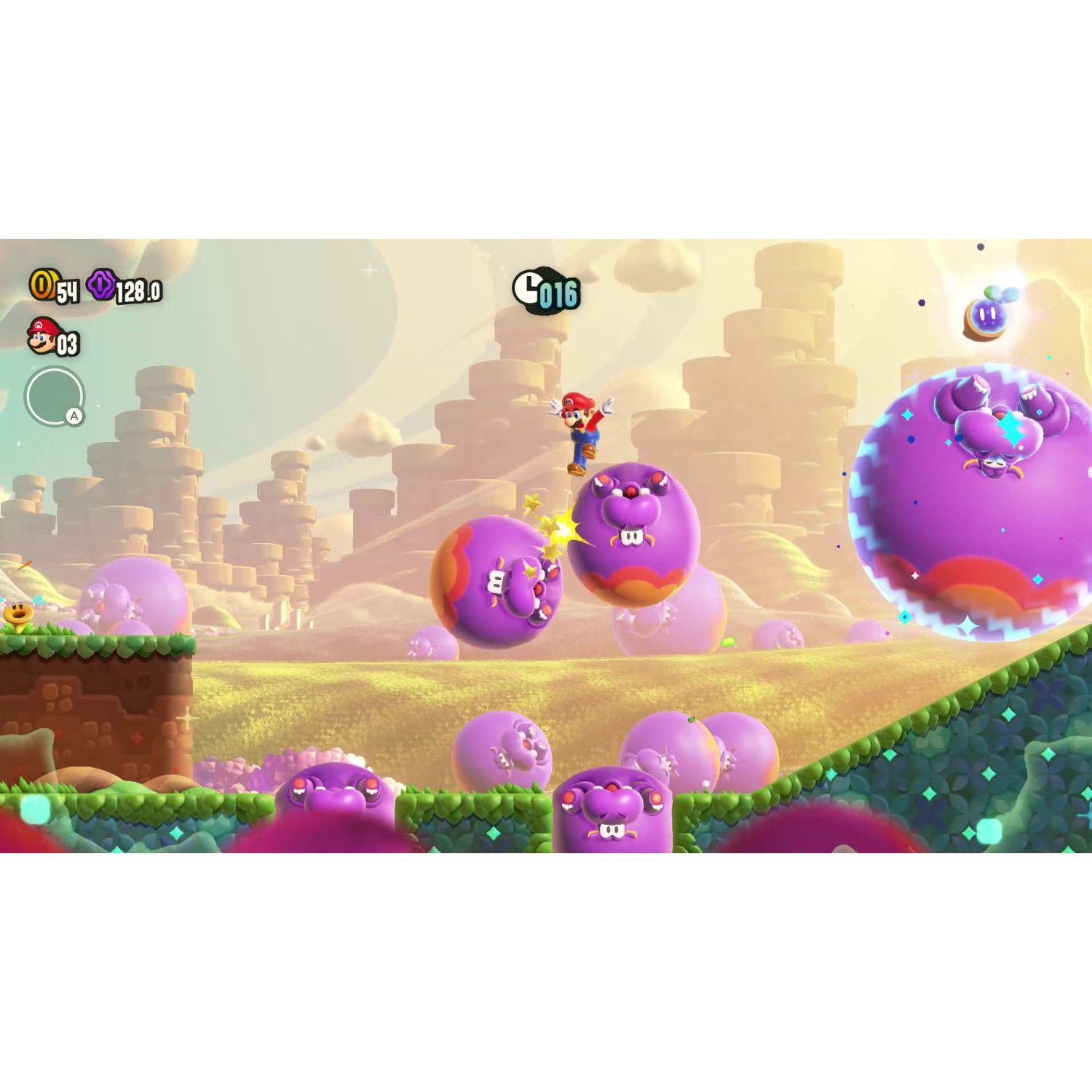 Mario jumping in a colorful video game scene. The background has hills and other game elements.