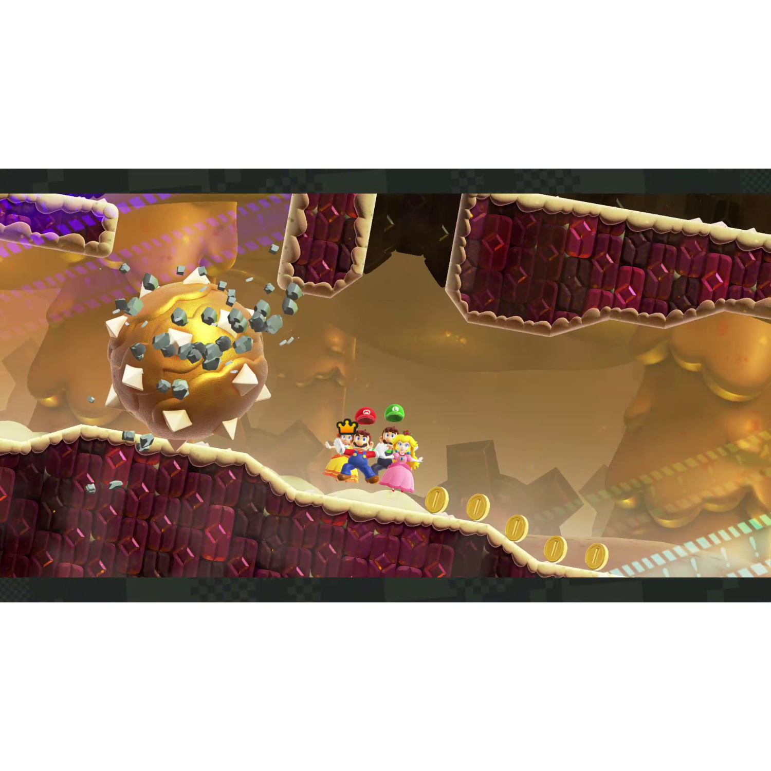 Mario and friends running in a colorful video game scene with a spiky ball.