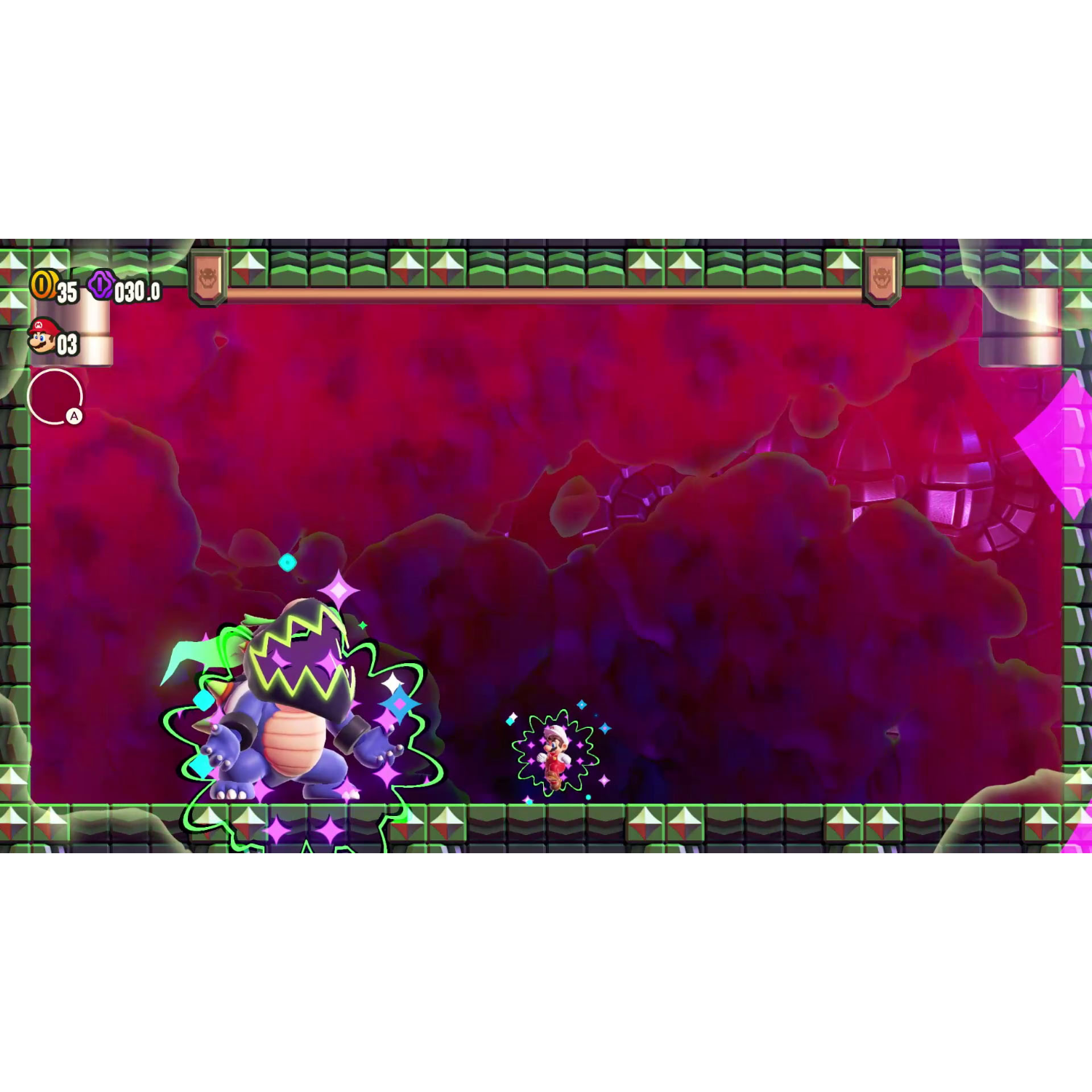 Video game scene. Character running from enemy. Purple and green colors. Dark background.