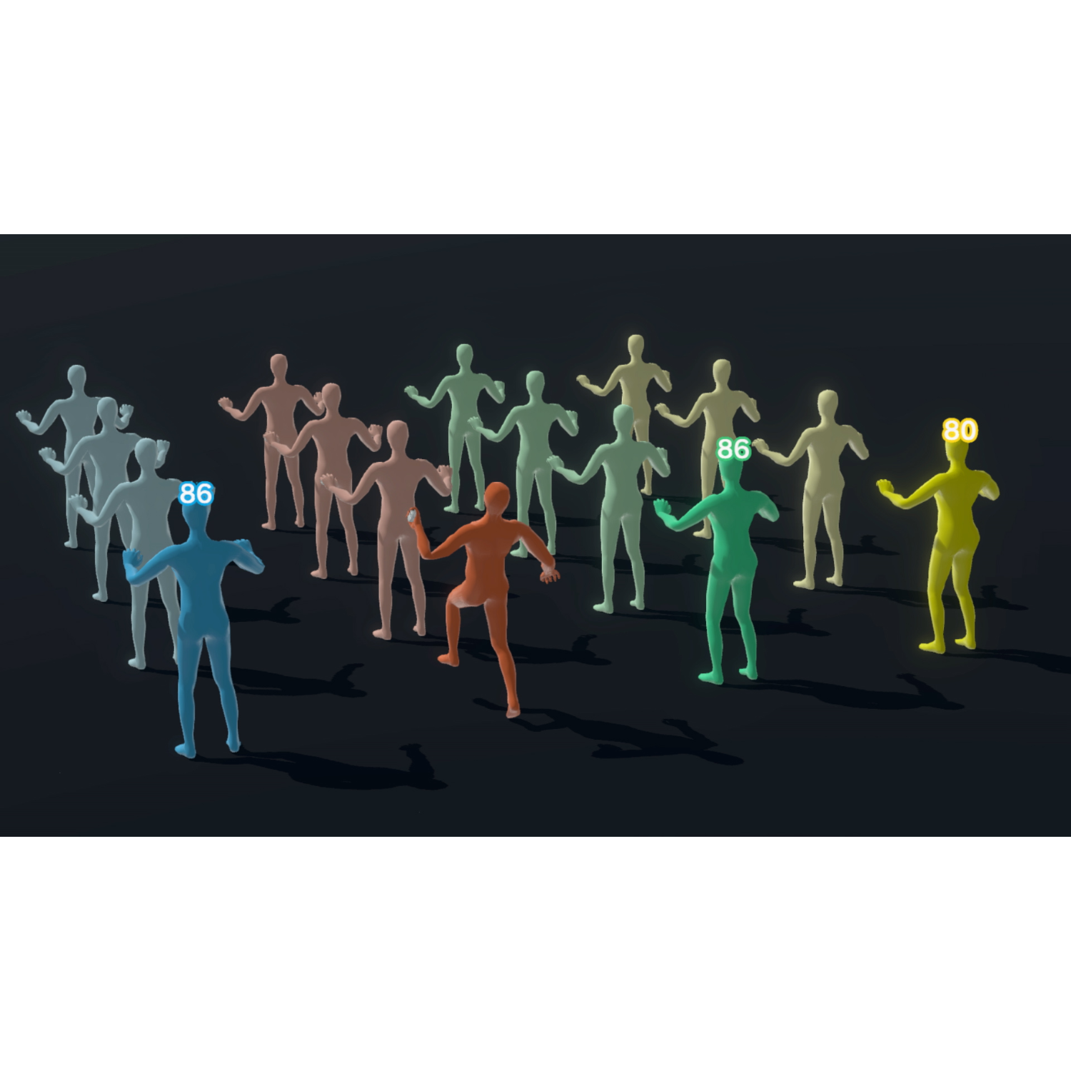 Een groep stokfiguren in verschillende kleuren, elk met een nummer 80 of 86 boven hun hoofd.