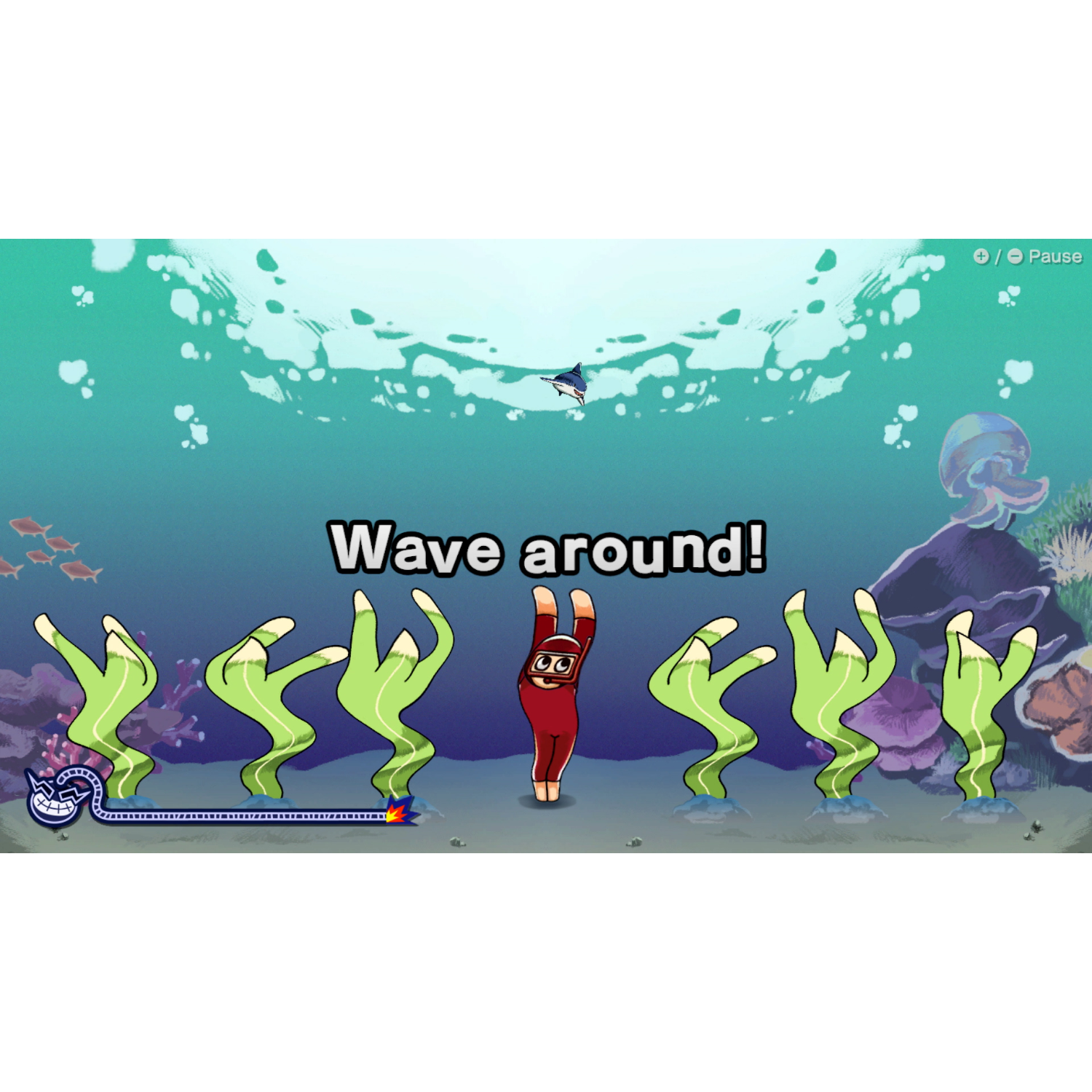 Een spelscène met een rood personage en zeewier, de tekst zegt 'Wave around!'