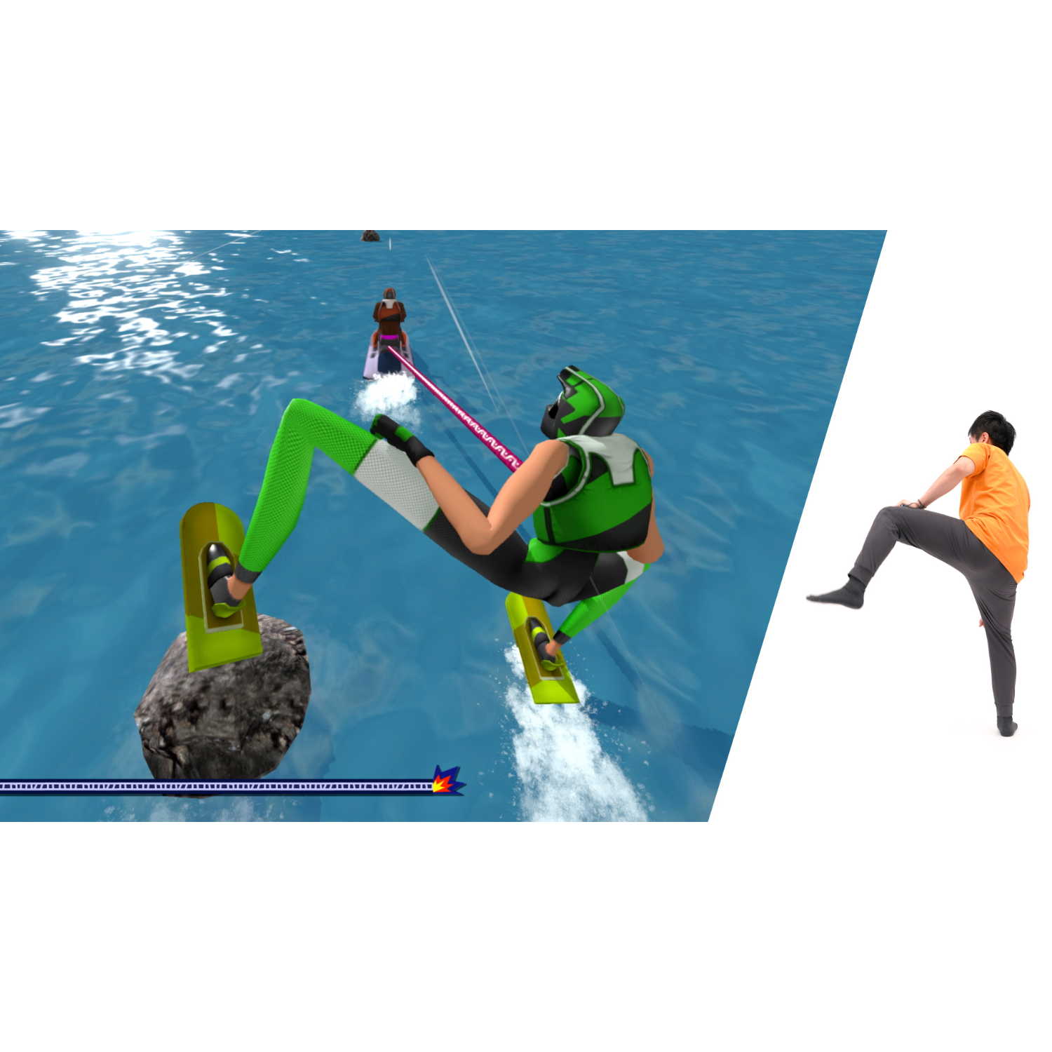 Man op een jetski in het water. Een tweede persoon is ook in het water.