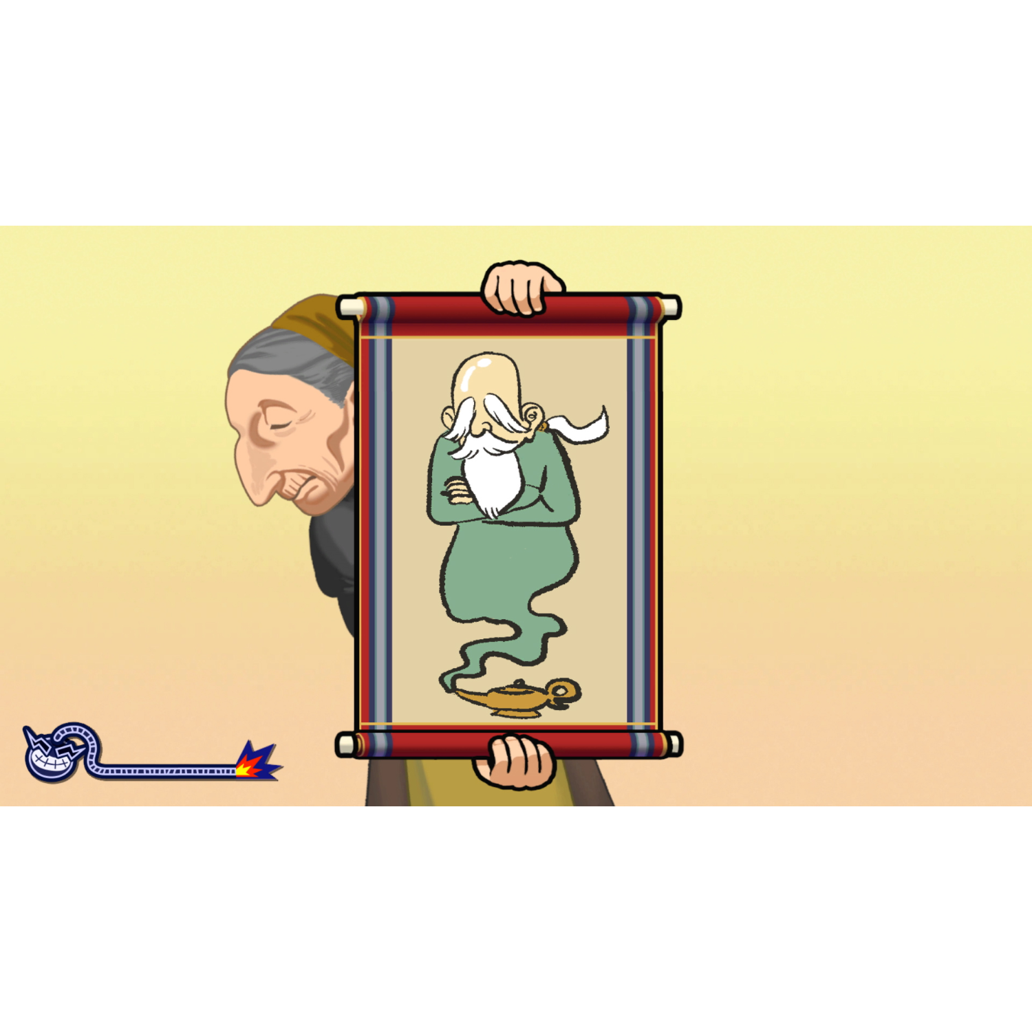Een oudere persoon houdt een rol met een geest-illustratie vast. De geest is groen.
