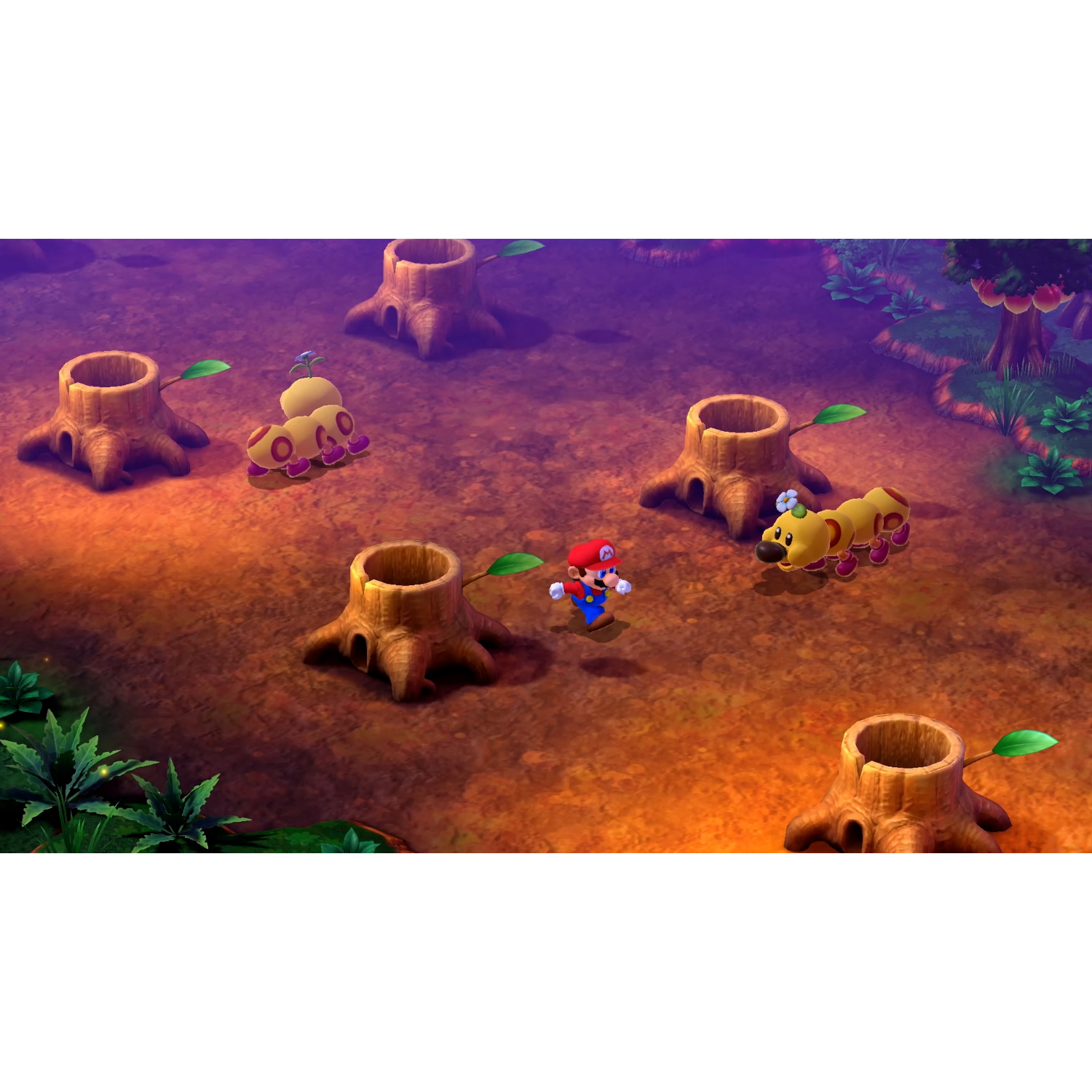 Mario rent door een bos met boomstronken en rupsachtige wezens.