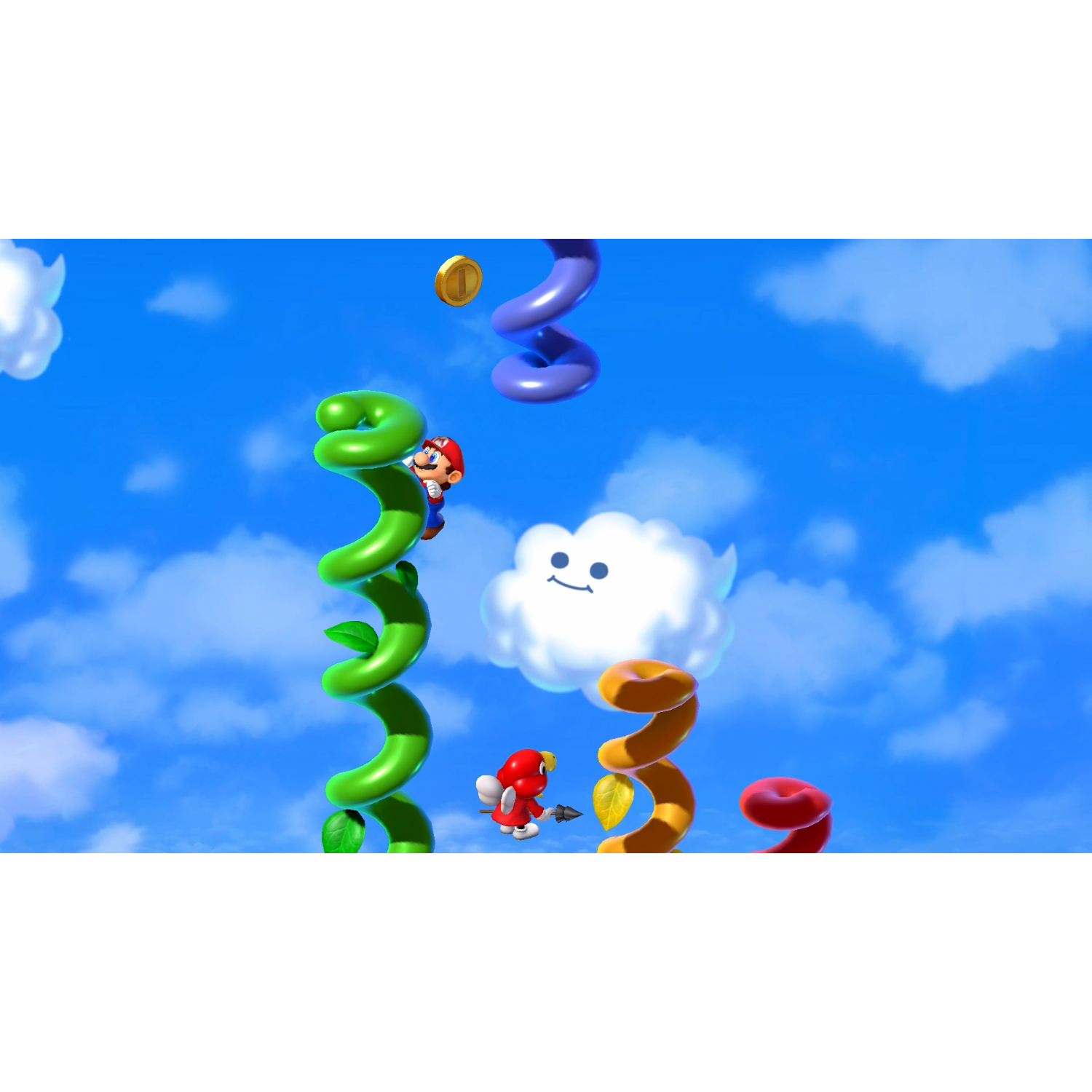 Videogame scène, Mario beklimt een groene klimplant, met een wolk en munt in een blauwe lucht.