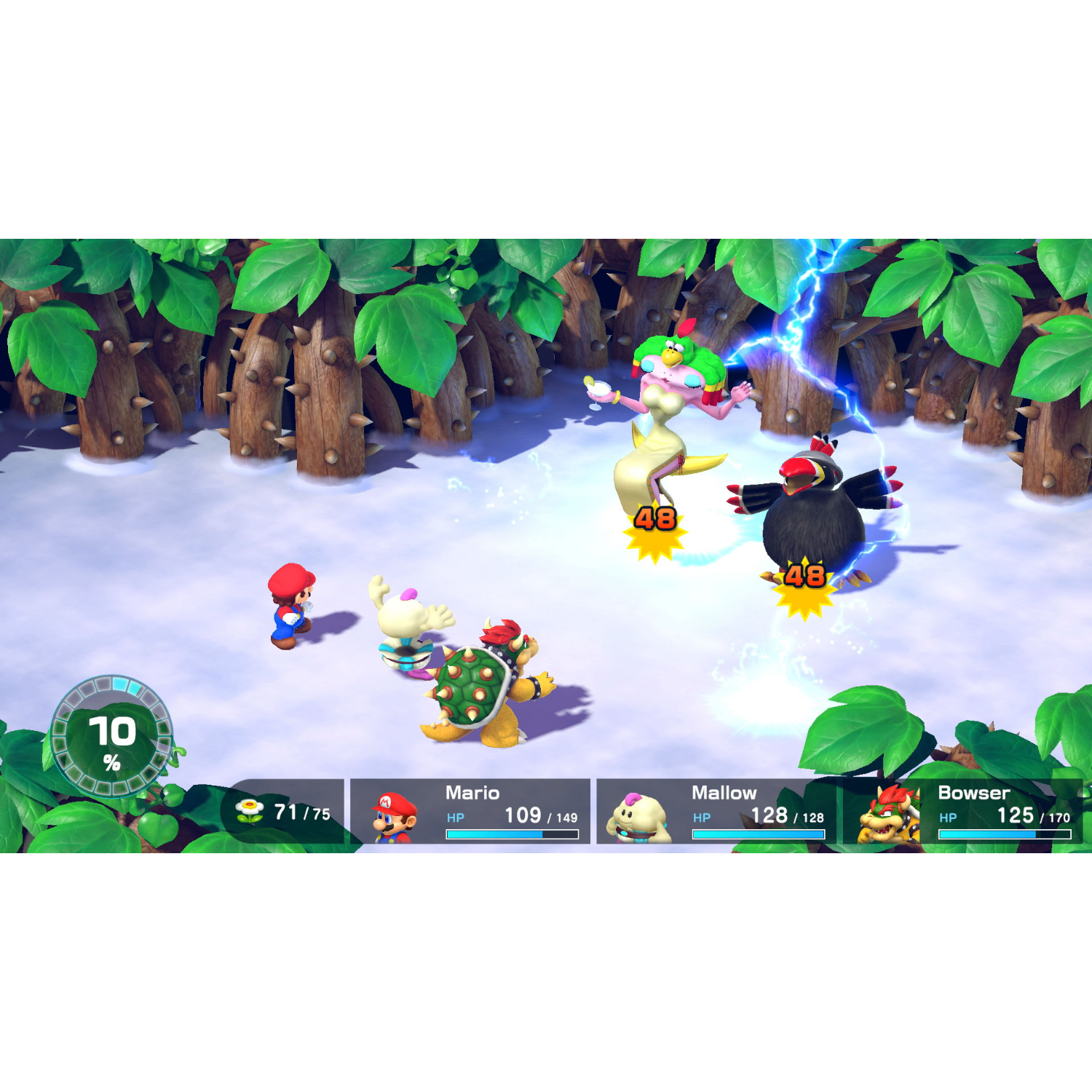 Videogame scène met Mario, Bowser en vijanden in een besneeuwde bossetting.