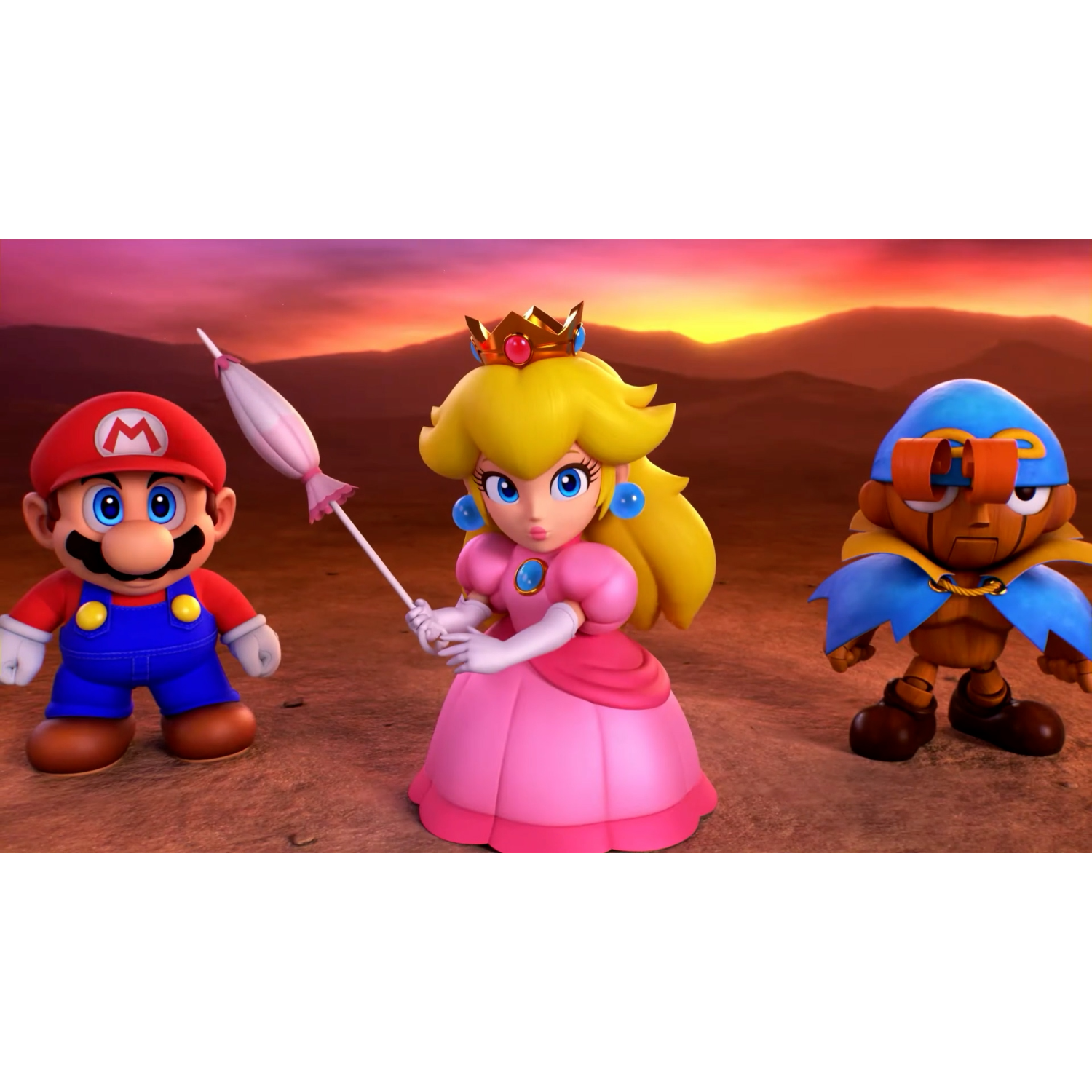 Mario, Prinses Peach en een houten personage staan in een woestijnlandschap bij zonsondergang. Figuren zijn cartoonachtig.