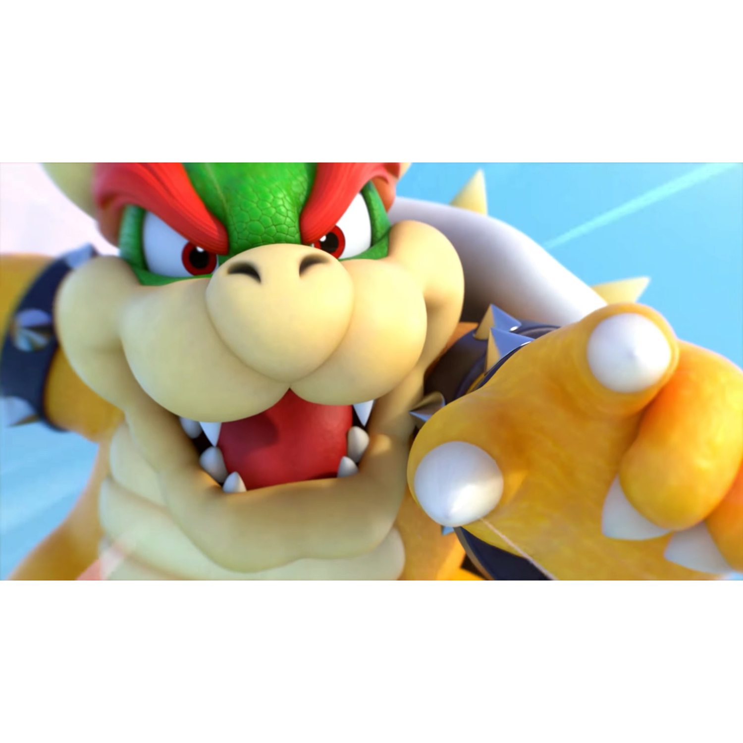 Bowser, een tekenfilmfiguur, staat midden in een scène.