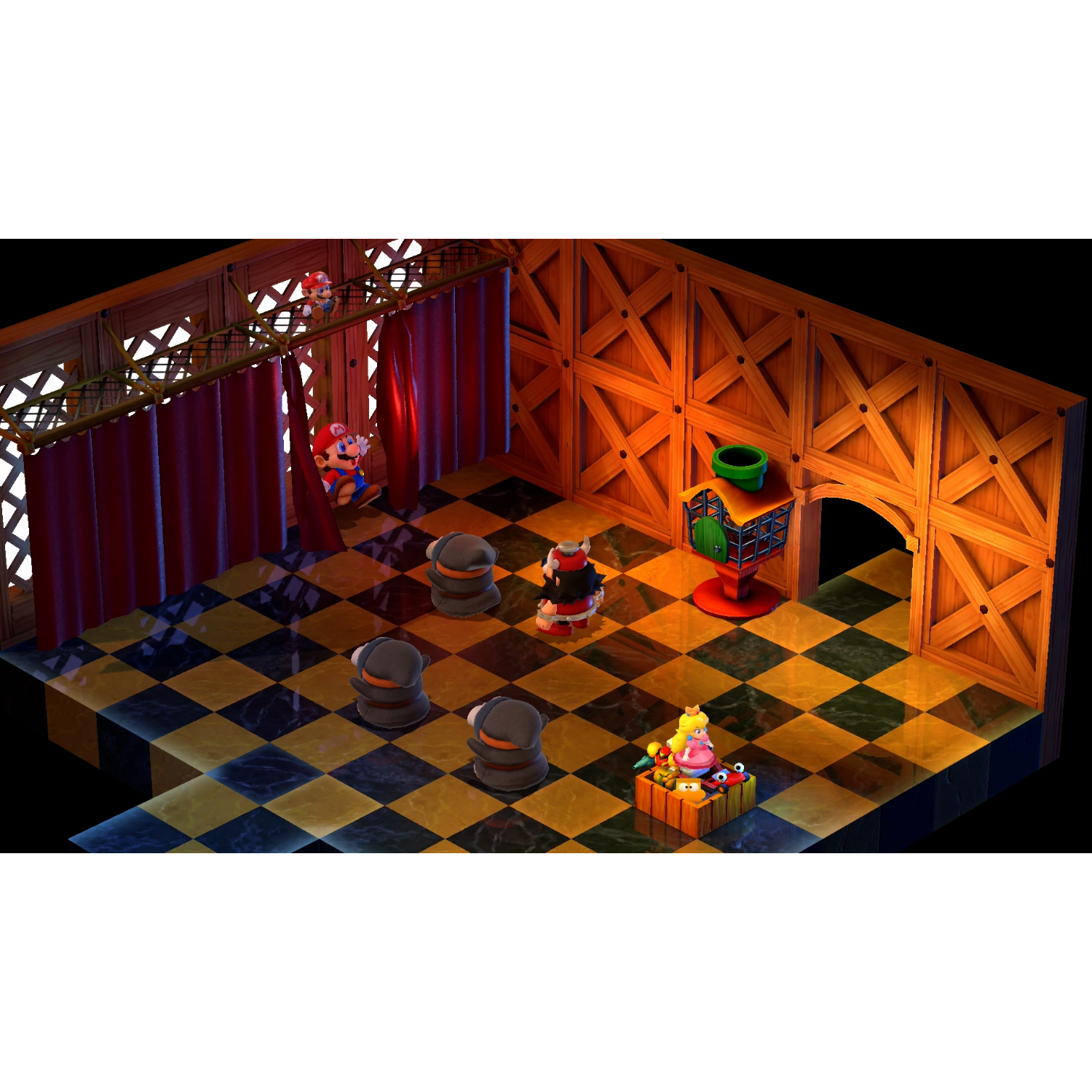 Isometrische game scene met Mario en Peach. Houten muren, dambordvloer, rode gordijnen en een groene pijp.