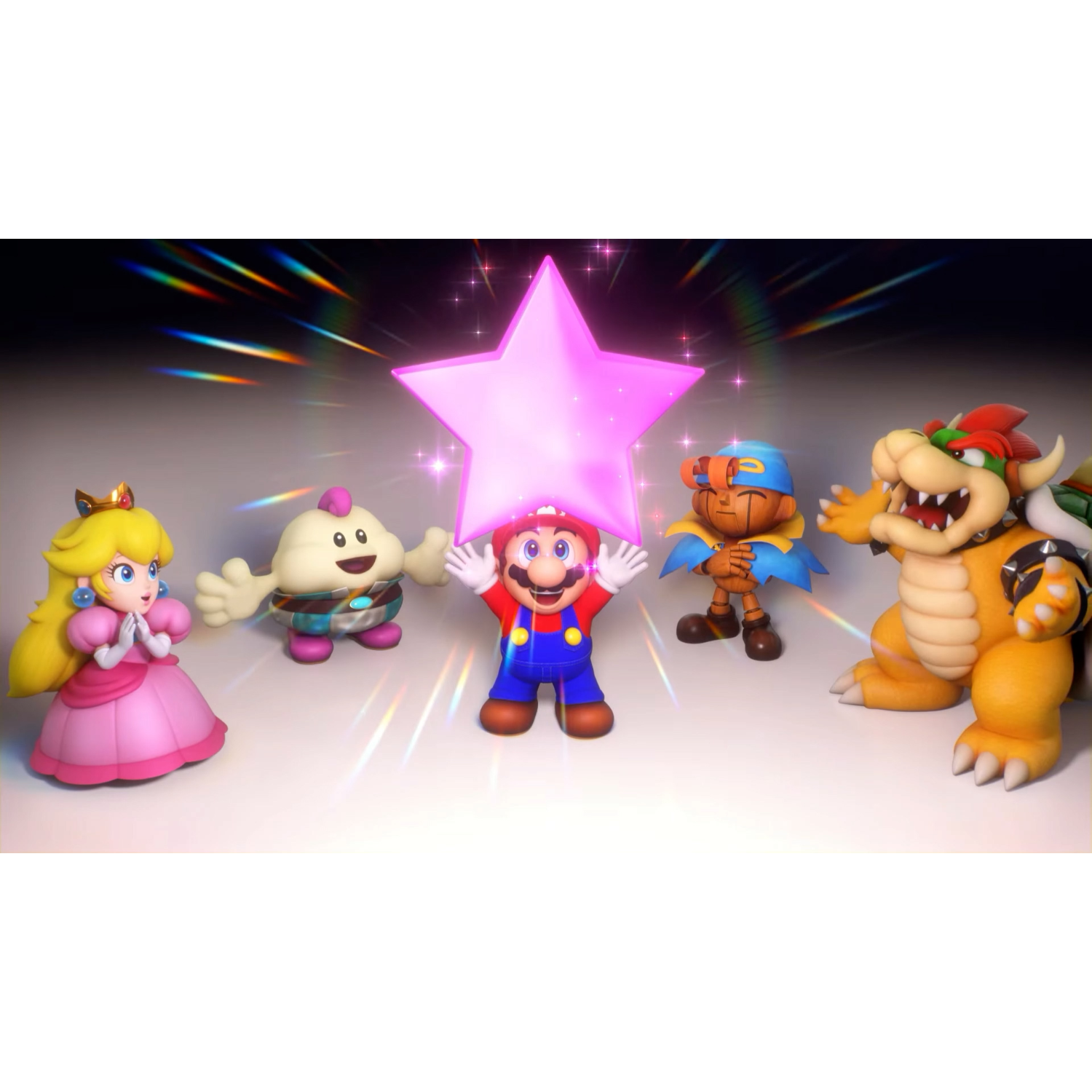 Mario en vrienden vieren met een ster. Personages zijn Peach, Bowser en anderen.