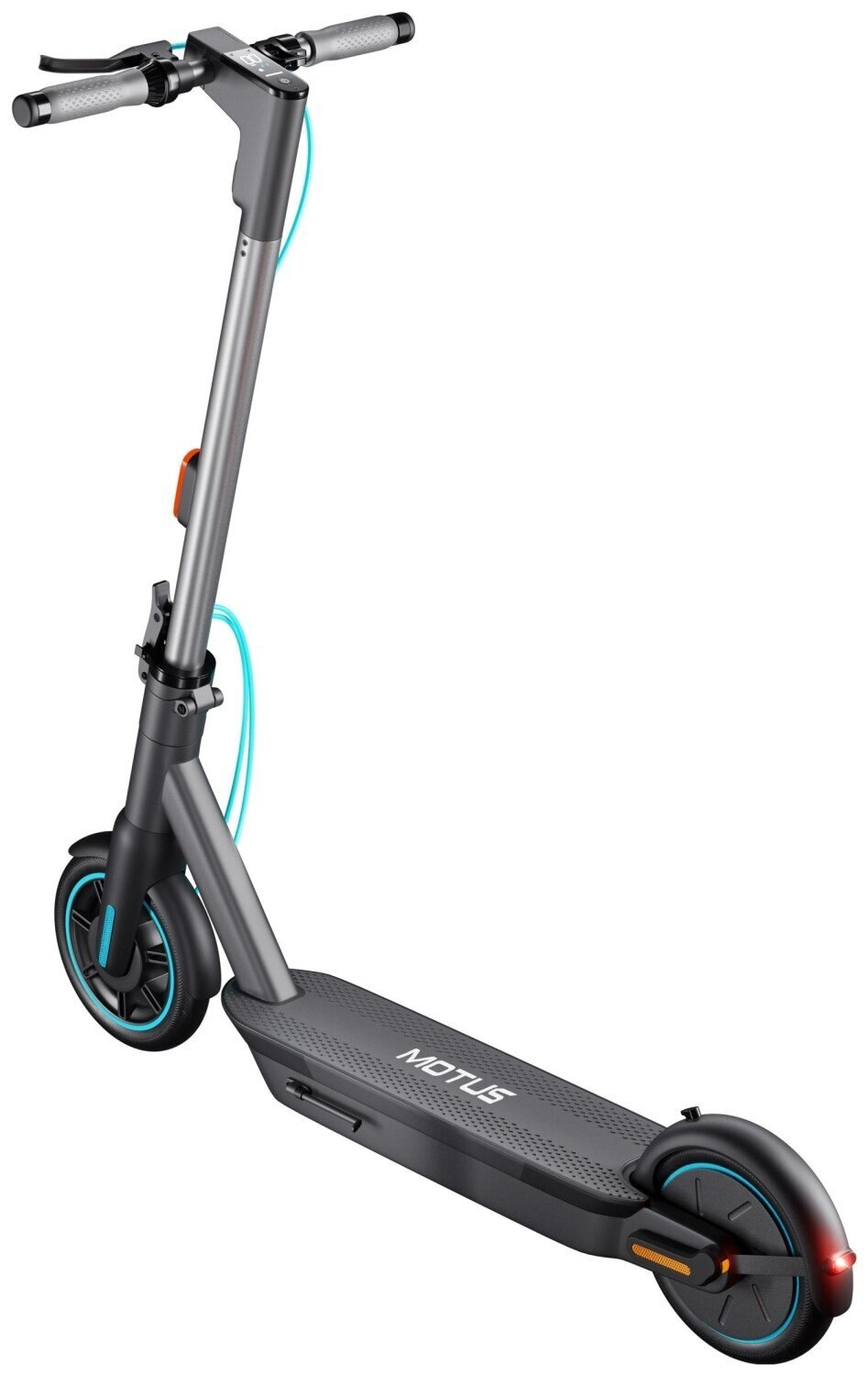 Szary i czarny skuter elektryczny Motus, widok z góry. Ma niebieskie akcenty i czerwone tylne światło.