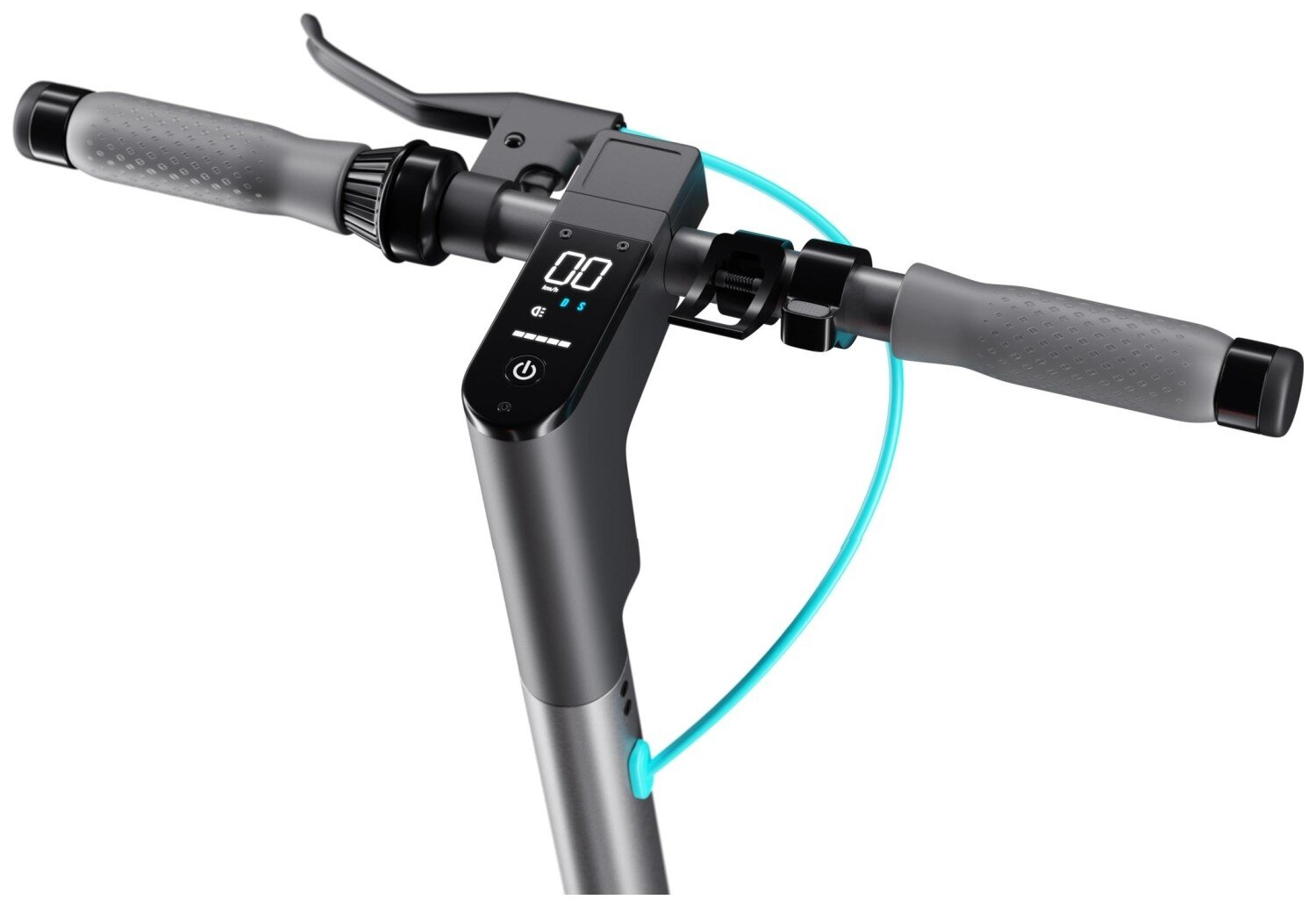 Kierownica skutera, pokazująca elementy sterujące. Posiada szare uchwyty i wyświetlacz.