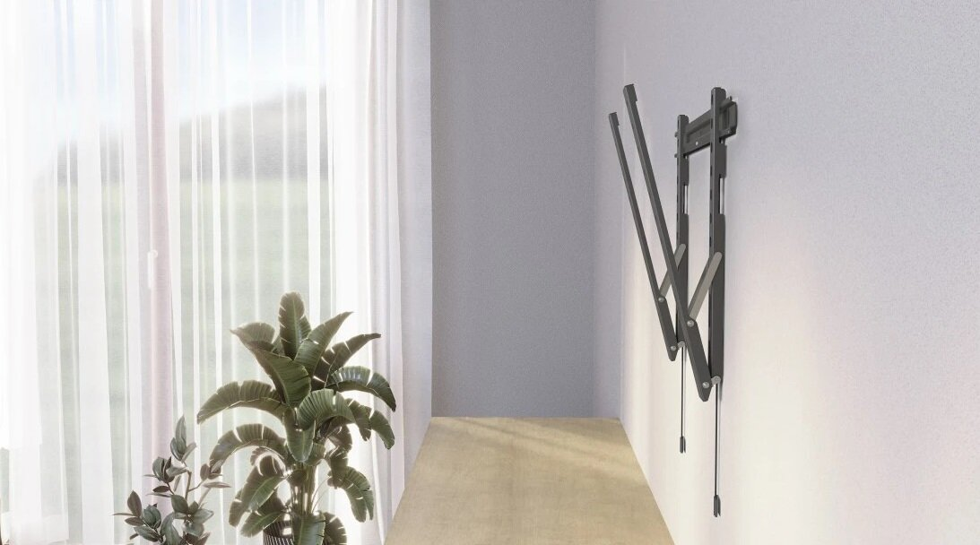 Telewizor zamontowany na białej ścianie z rośliną i oknem.