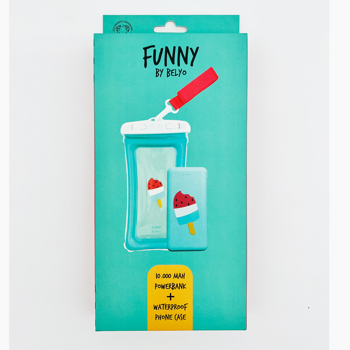 Una caja con una funda de teléfono impermeable y un banco de energía. Texto: Funny by Belyo, banco de energía de 10.000 mAh.