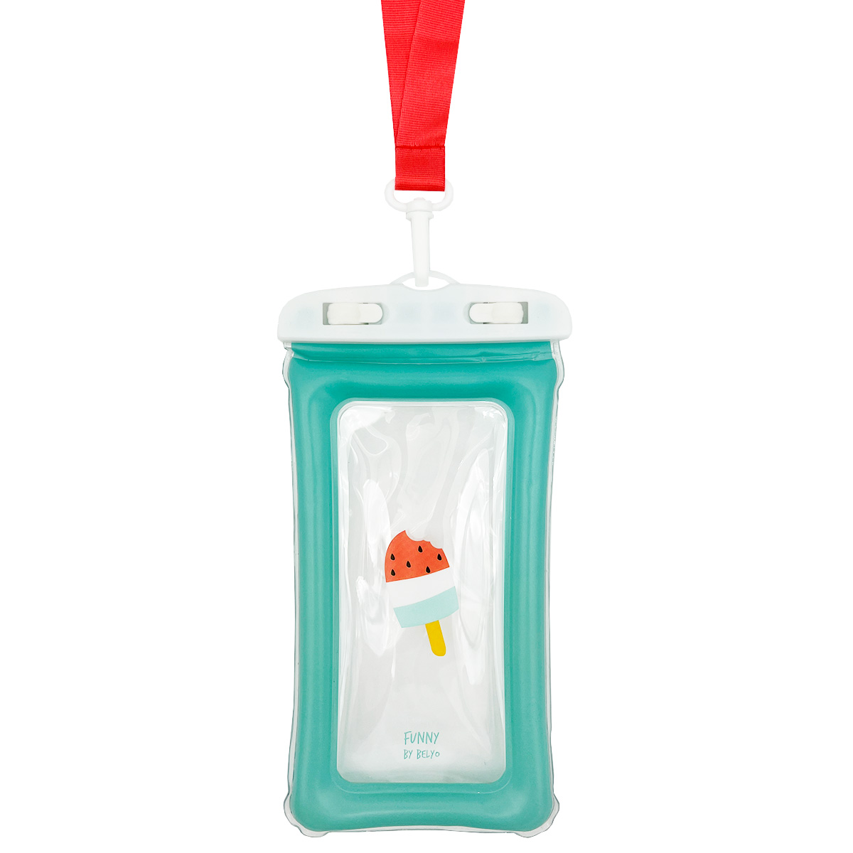 Una funda de teléfono impermeable de color verde azulado con diseño de paleta y un cordón rojo.