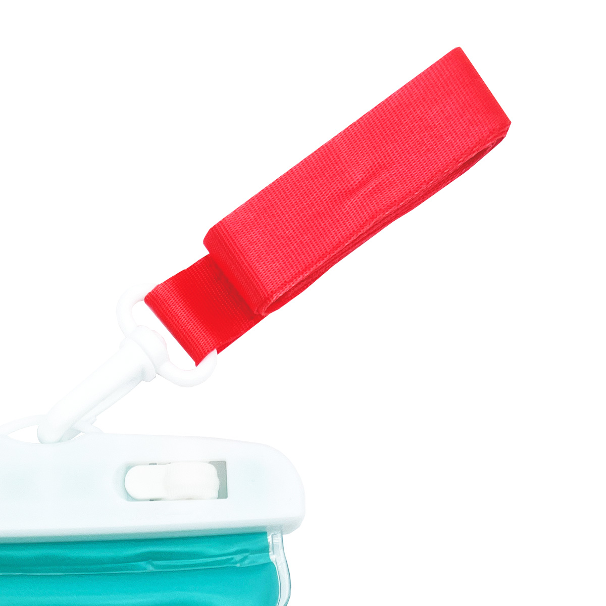 Correa roja conectada a un clip blanco en una funda transparente para teléfono.