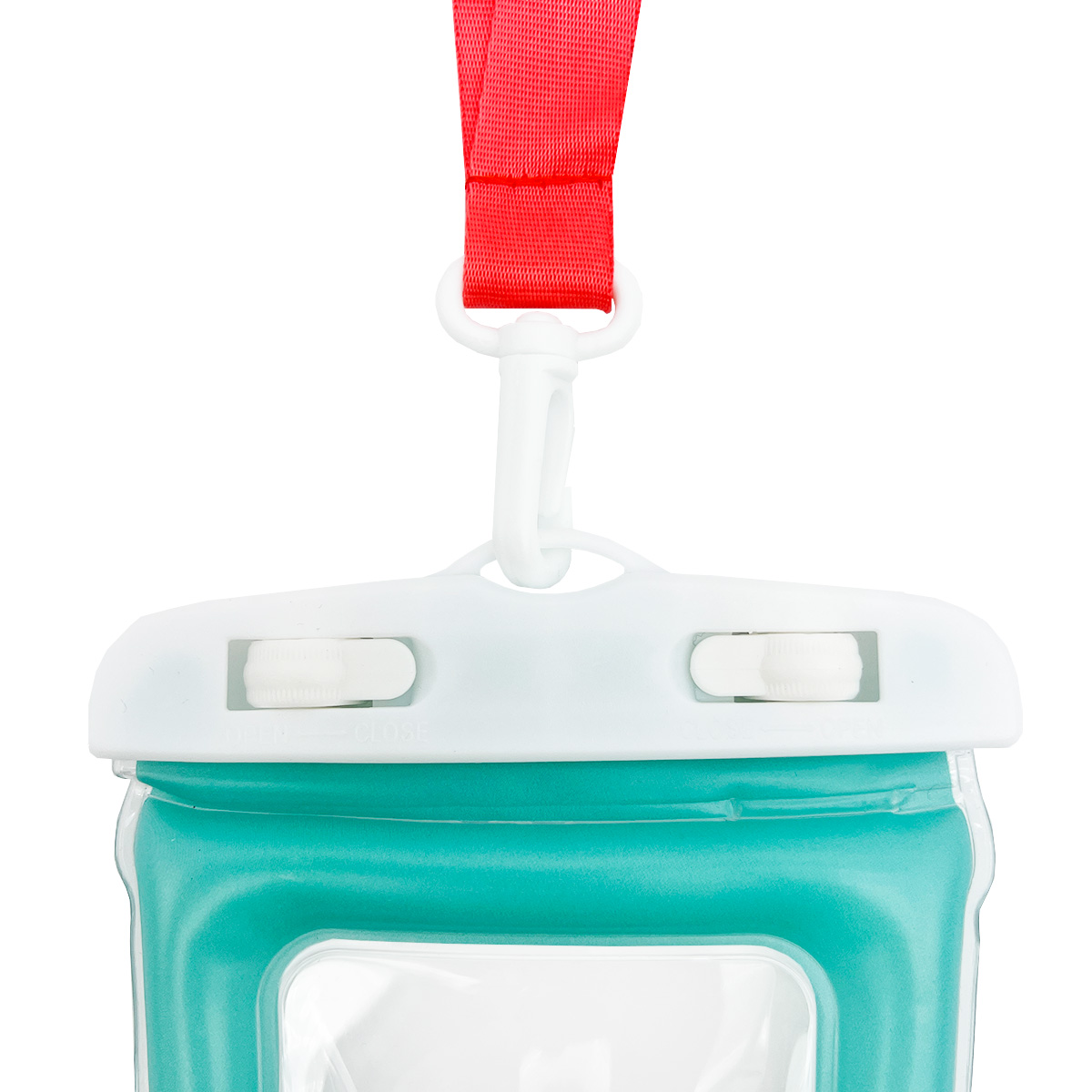 Una funda transparente de teléfono de color verde azulado con una parte superior blanca y un cordón rojo. La parte superior tiene dos cierres blancos.