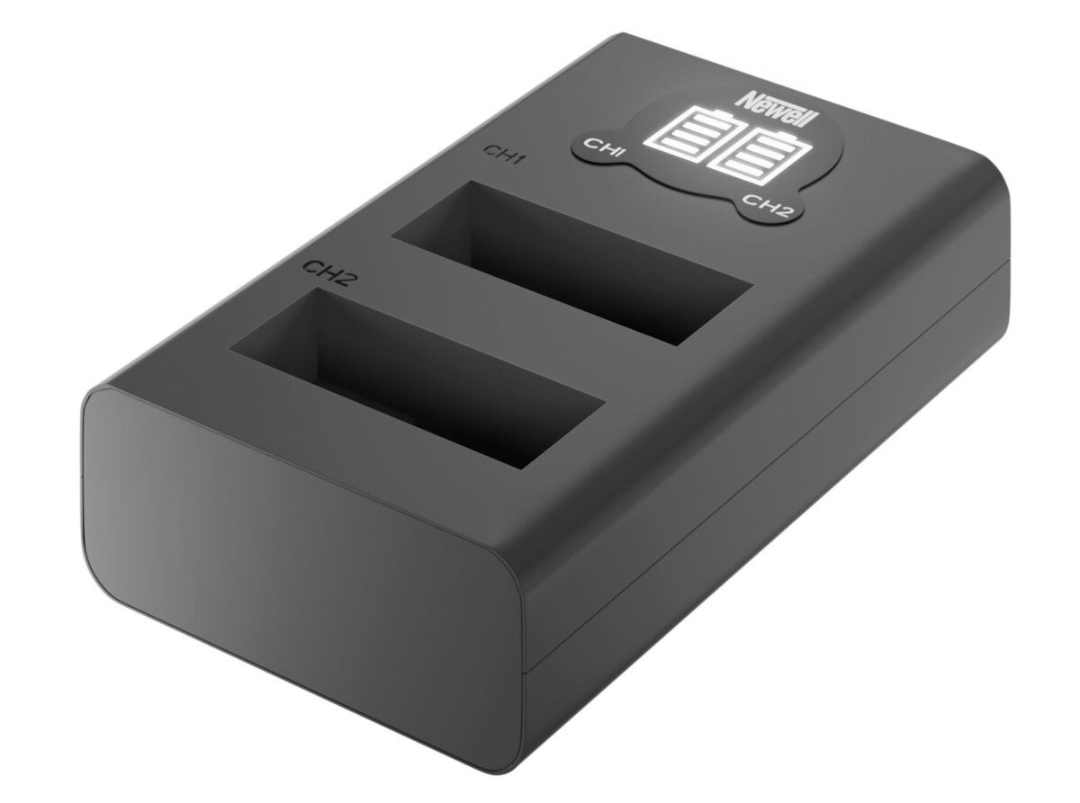 Czarna podwójna ładowarka Newell. Ma dwa gniazda i wskaźnik poziomu naładowania baterii.