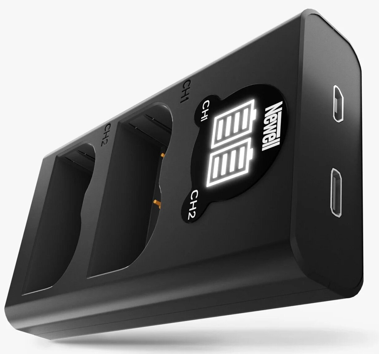 Czarna ładowarka do baterii Newell z dwoma gniazdami ładowania i wyświetlaczem cyfrowym.