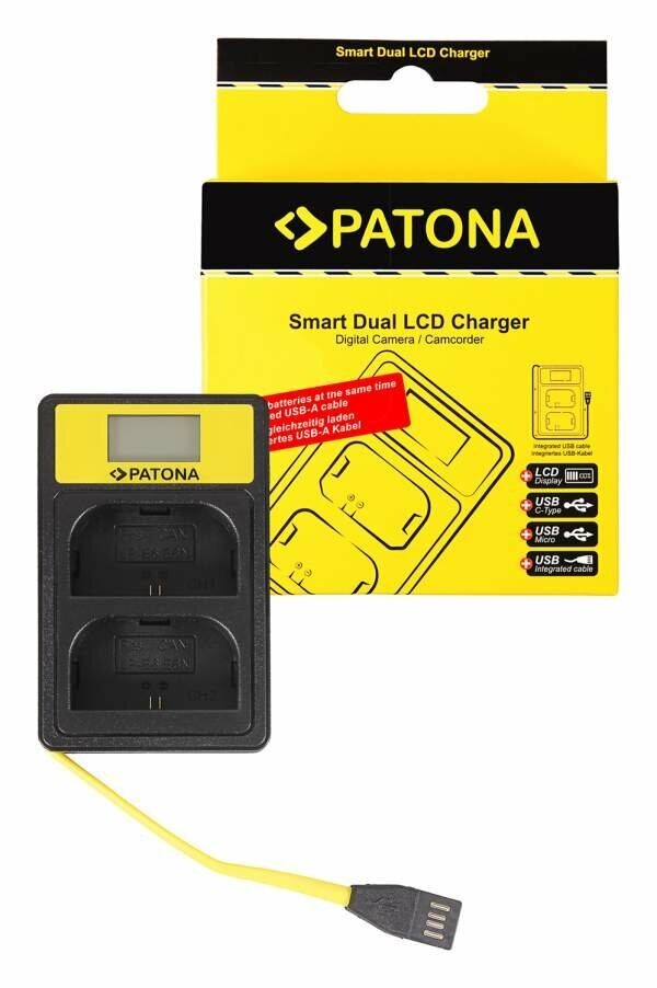 Ładowarka Patona Smart Dual LCD z bateriami. Żółto-czarna ładowarka z kablem USB.