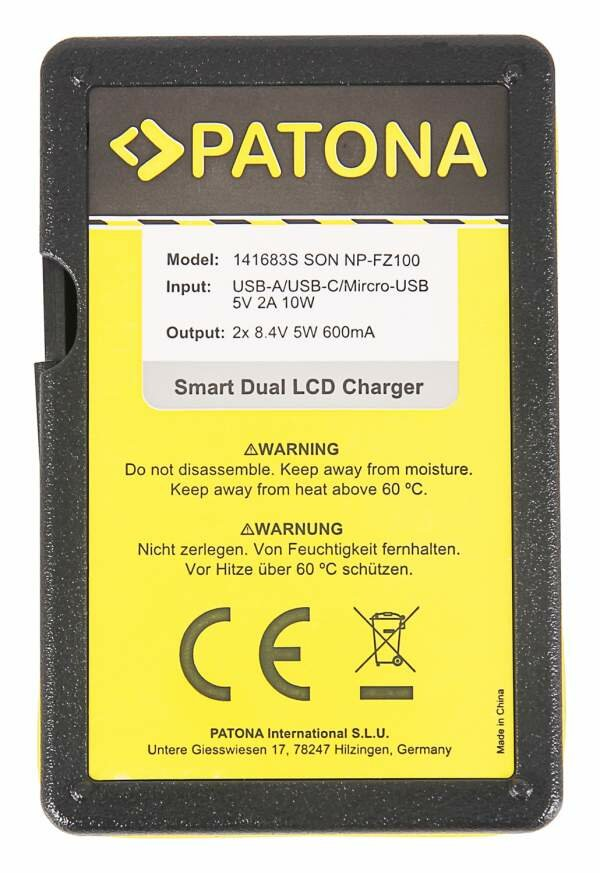 Czarna ładowarka Patona Smart Dual LCD z tekstem i ostrzeżeniami. Urządzenie prostokątne.