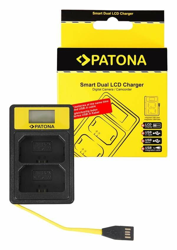 Ładowarka Patona Smart Dual LCD w pudełku, z żółtym kablem USB i złączem.