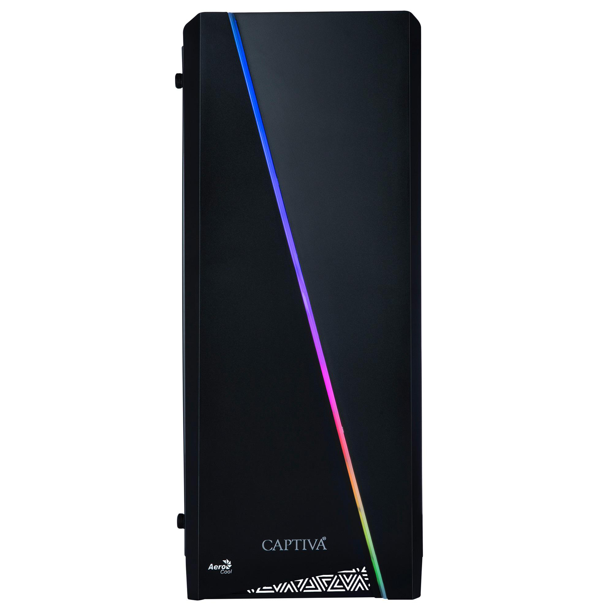 Schwarzes Computergehäuse mit RGB-Beleuchtung. Das Wort CAPTIVA ist sichtbar.
