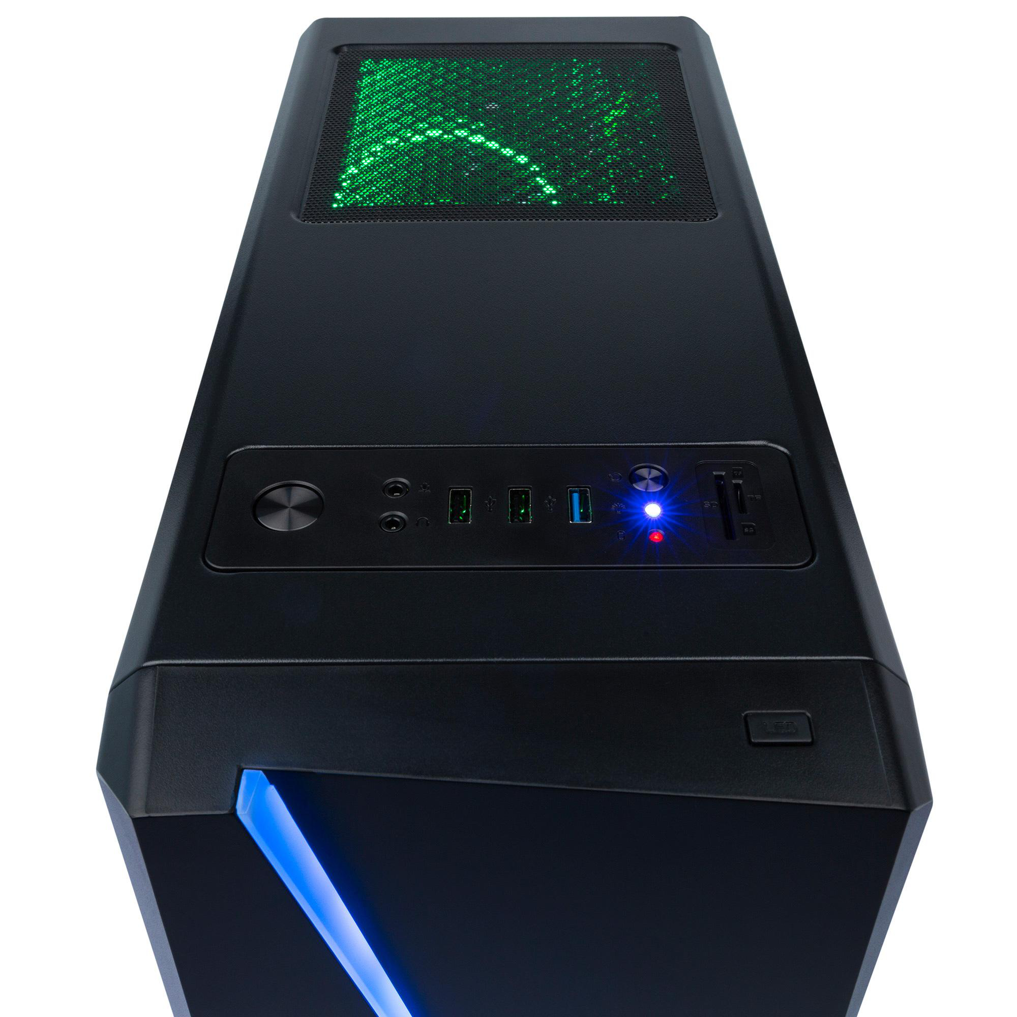 Ein schwarzes Computergehäuse mit grünen Lichtern oben und blauen Lichtern unten. Es hat USB-Anschlüsse.