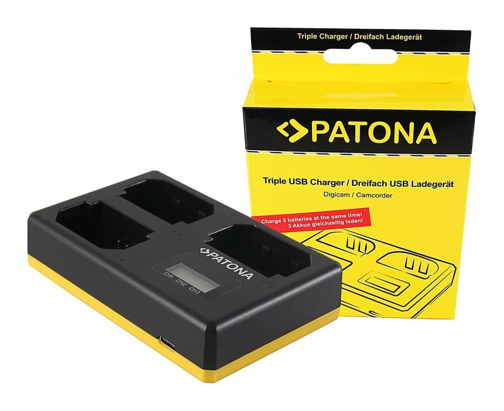 Czarna i żółta potrójna ładowarka USB Patona z pudełkiem. Ma gniazda na baterie.