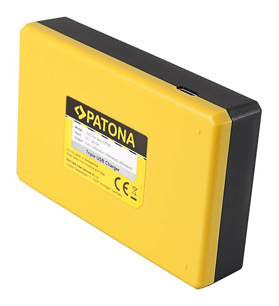 Żółto-czarna potrójna ładowarka USB PATONA. Ma etykietę z informacjami o modelu i specyfikacjami.