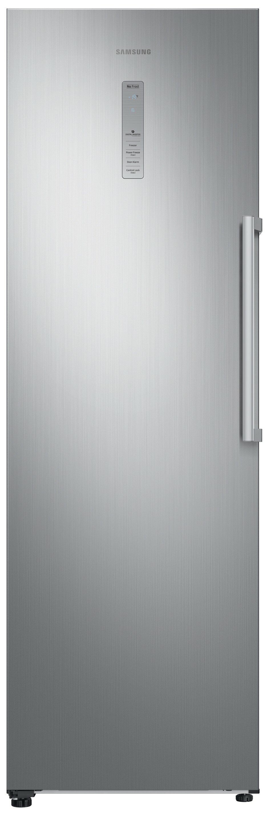 Zamrażarka Samsung ze stali nierdzewnej, wysoka i jednodrzwiowa, z uchwytem po prawej stronie.