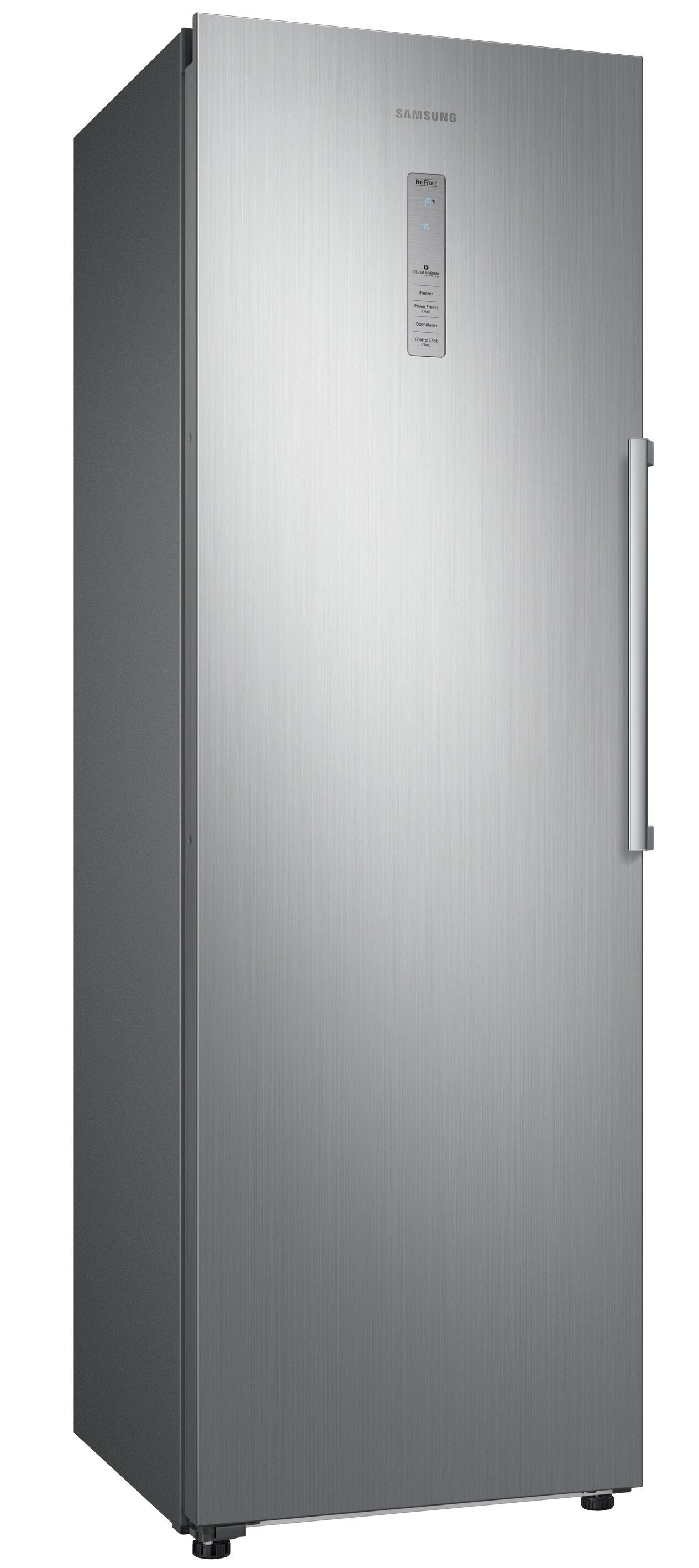 Wysoka, stalowa lodówka Samsung z pojedynczymi drzwiami i cyfrowym panelem wyświetlacza.