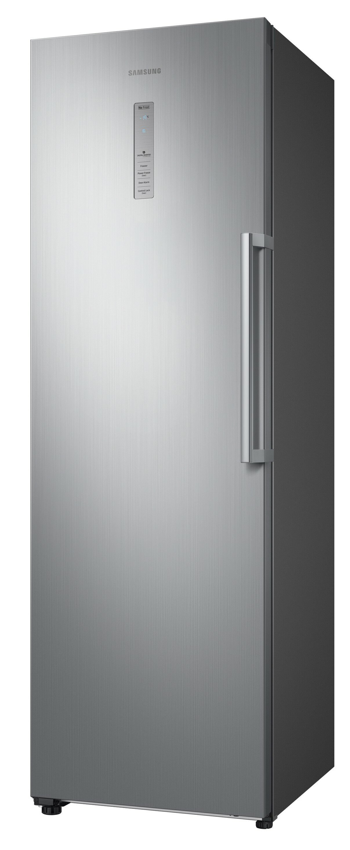 Wysoka, srebrna lodówka Samsung z uchwytem i wyświetlaczem cyfrowym.