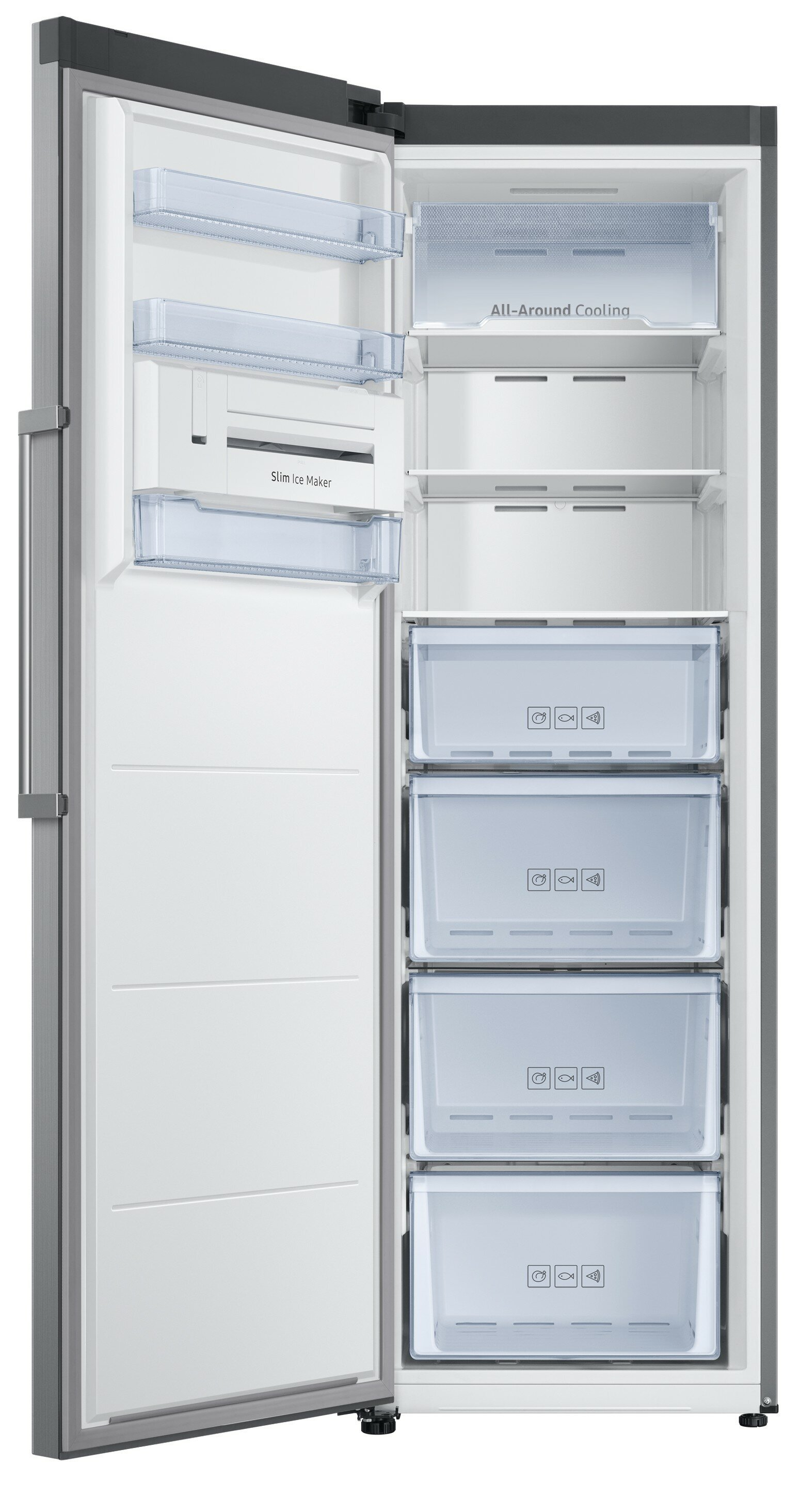 Otwarta lodówka z półkami i szufladami wypełnionymi przedmiotami.