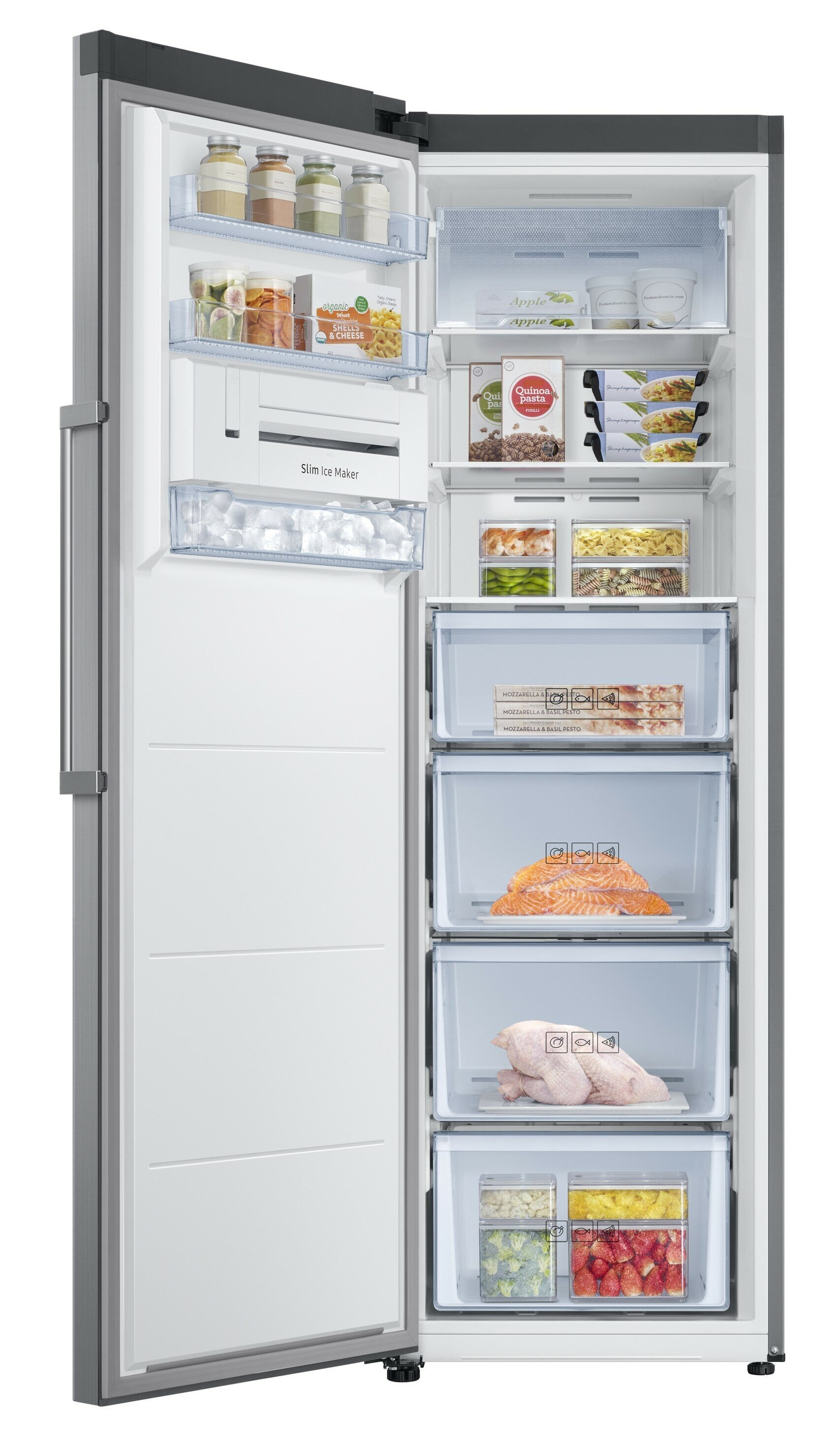 Otwarta biała lodówka Samsung z półkami z artykułami spożywczymi.