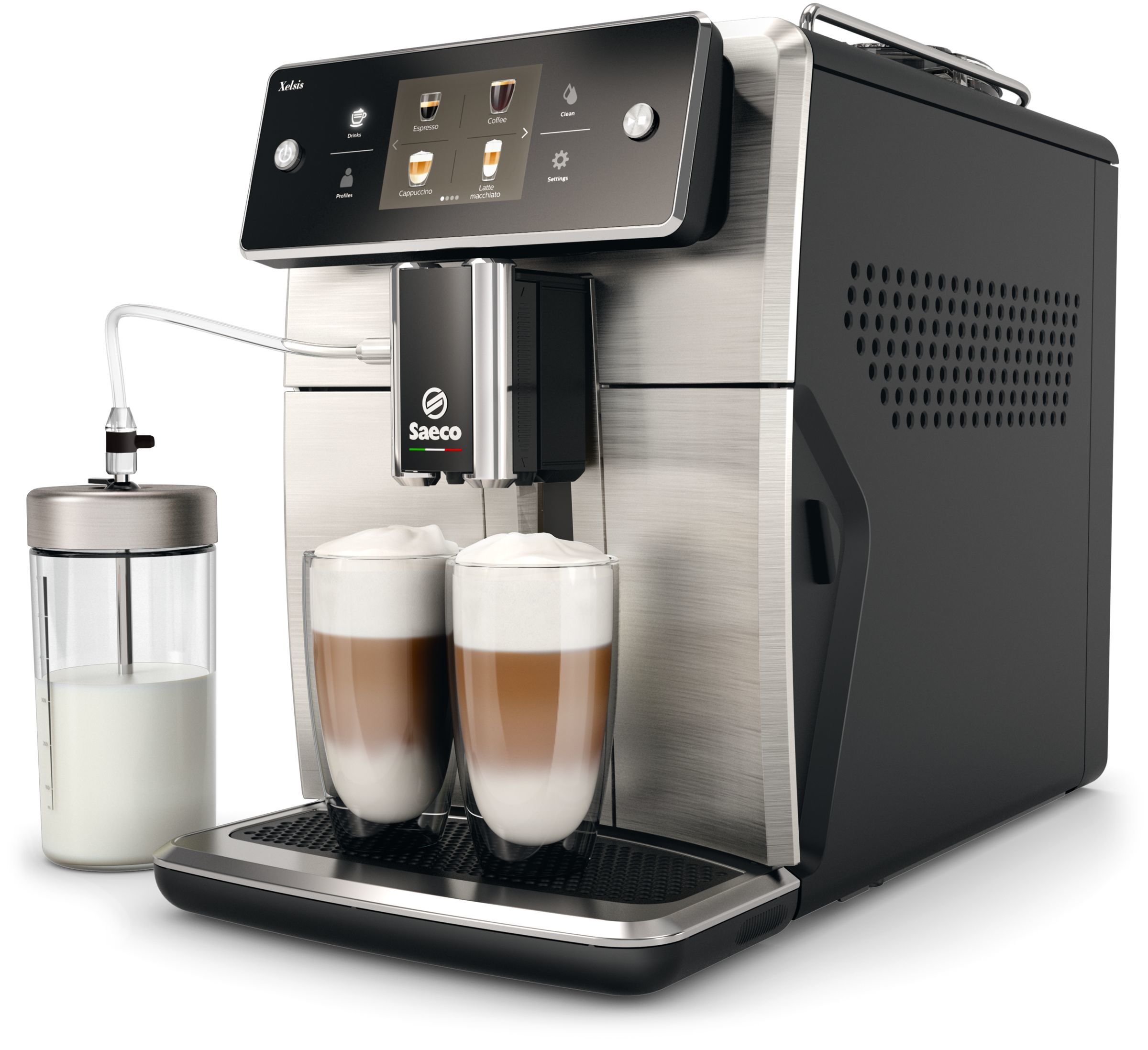 SAECO Xelsis Kaffeevollautomat SM7683/10, schwarz-silber Kaffeevollautomat (Schwarz, Edelstahl, Keramikmahlwerk, 15 bar, externer Milchbehälter)