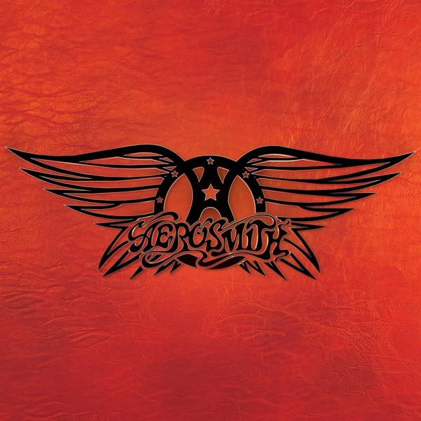 Aerosmith-Logo auf rotem Hintergrund, mit Flügeln und einem sternenumschlossenen Logo.