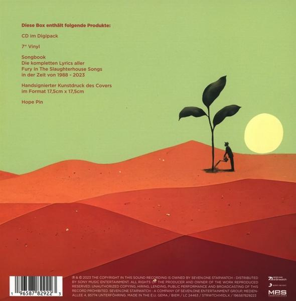 Albumcover mit roter Wüstenlandschaft, einer Silhouette, die eine Pflanze gießt, und einer aufgehenden Sonne.