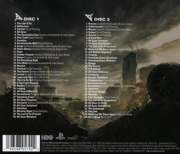 CD-Cover mit zwei Discs. Das Cover listet Songtitel auf und die Logos von HBO und Playstation sind vorhanden.