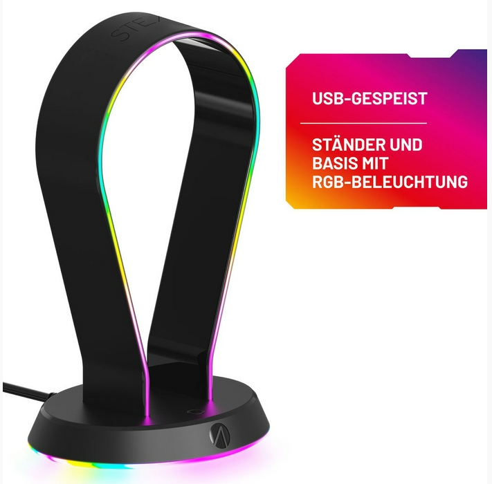 Schwarzer Kopfhörerständer mit RGB-Beleuchtung und deutschem Text.