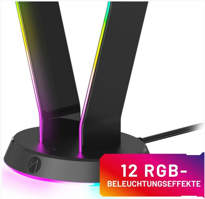 Ein schwarzer Headset-Ständer mit farbenfroher RGB-Beleuchtung. Die Basis hat ein Logo, und der Text lautet "12 RGB-BELEUCHTUNGSEFFEKT".