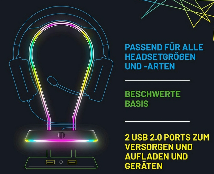 Headset-Ständer mit LED-Beleuchtung. Text auf Deutsch. Schwarzer Hintergrund.