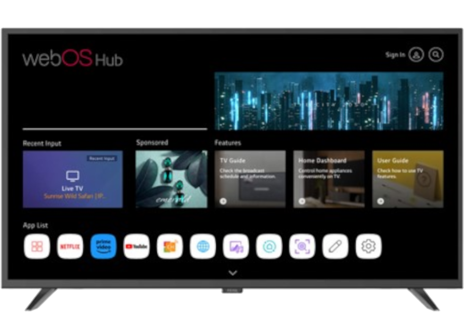 Siyah bir ekranda Canlı TV, Prime Video ve çeşitli uygulama simgeleri gibi seçeneklerin yer aldığı bir menü görüntüleyen bir akıllı TV arayüzü.