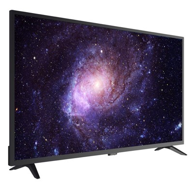 Yıldızlarla ve dönen renklerle bir galaksi görüntüsü gösteren siyah bir düz ekran TV.