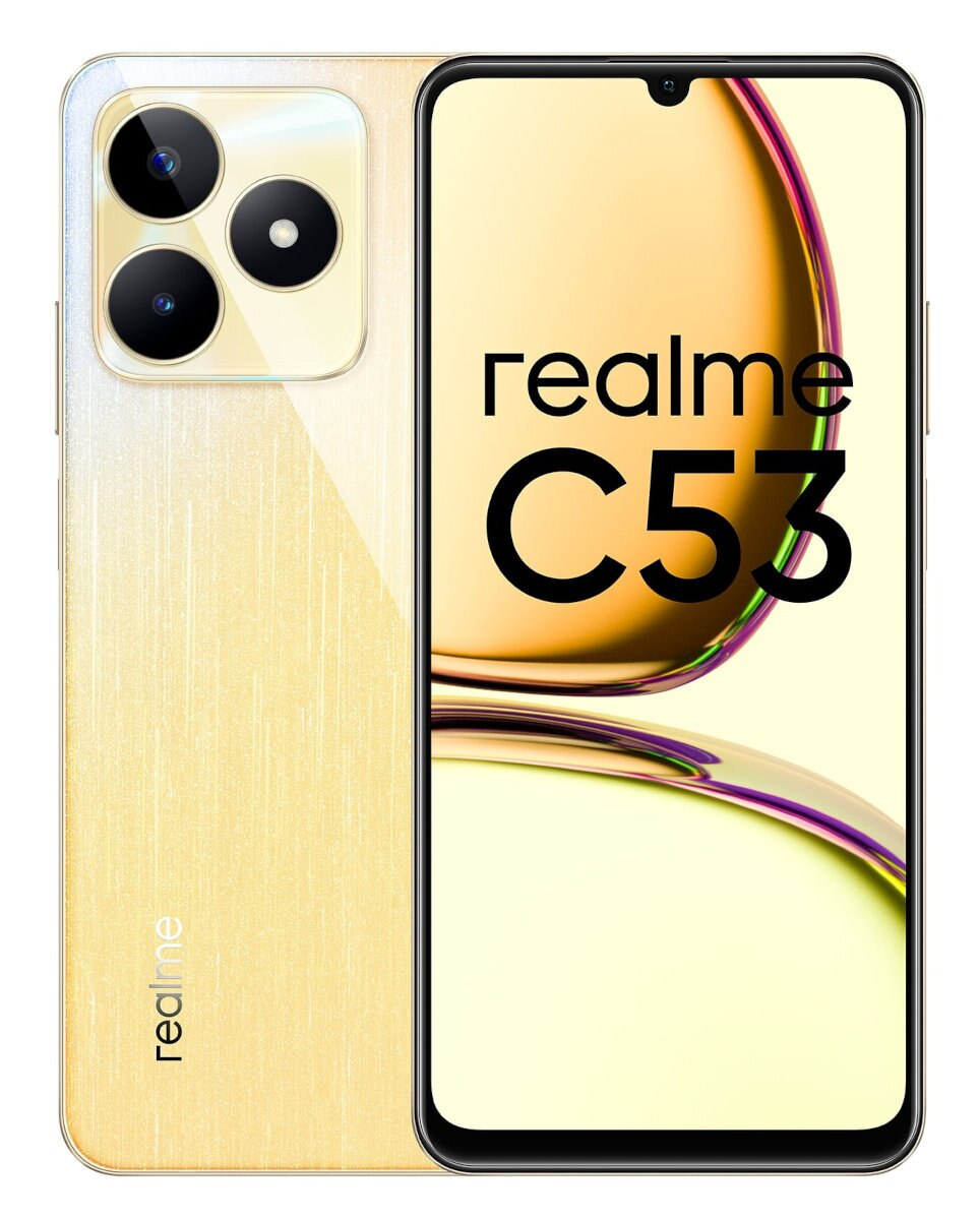 Telefon Realme C53, złoty tył i ekran z logo Realme, potrójny aparat.