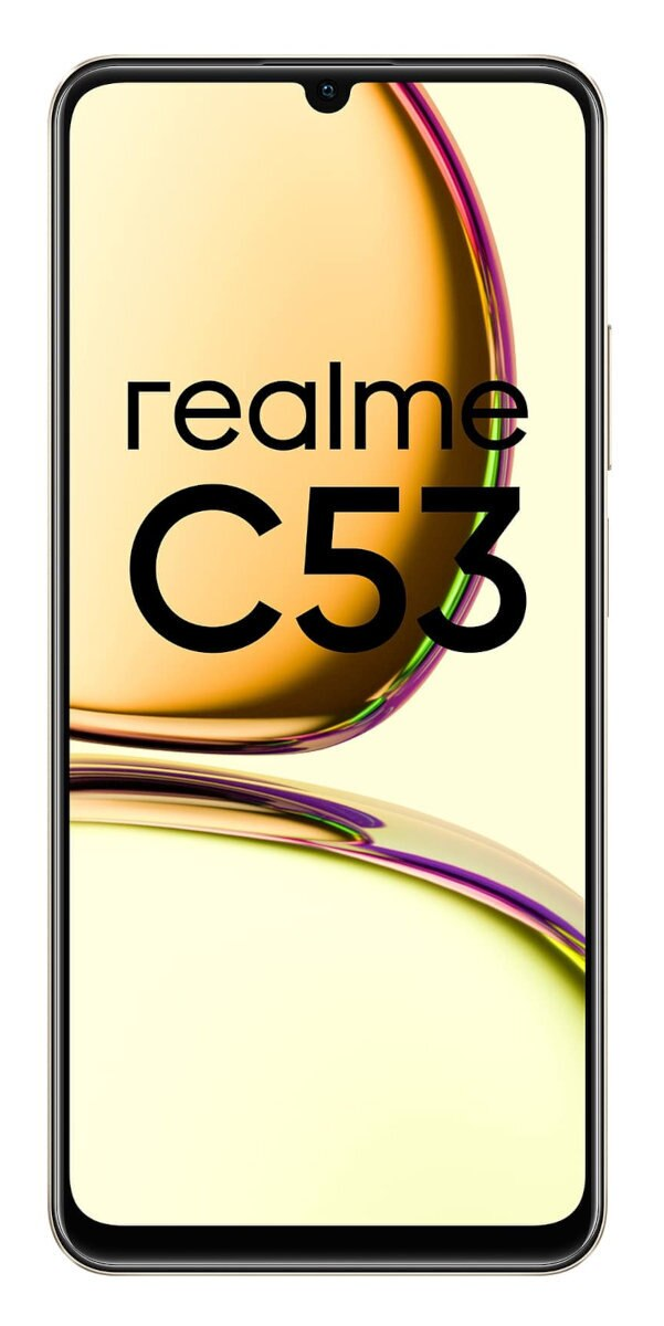 Telefon Realme C53 na białym tle. Telefon jest złoty i żółty. Widoczny jest tekst Realme C53.