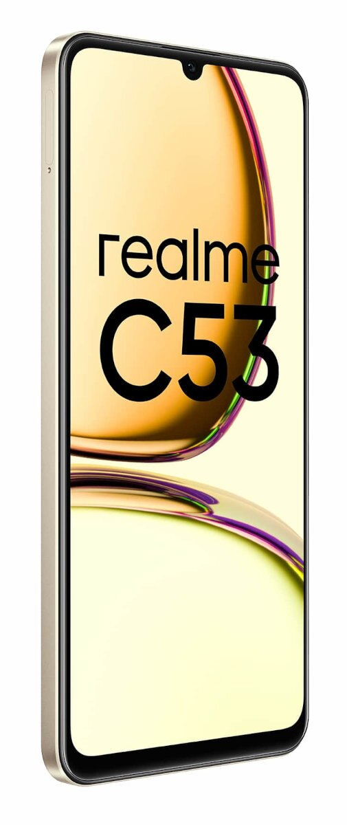 Telefon Realme C53, w kolorze złotym, włączony ekran. Czarny tekst: realme C53.