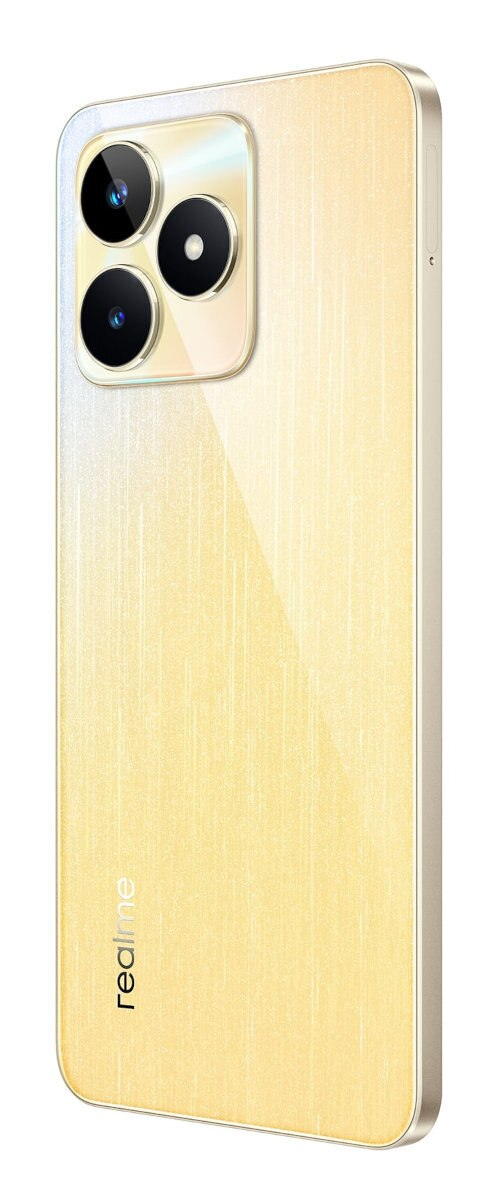 Złoty smartfon jest pokazany z boku. Ma trzy obiektywy aparatu i jasny tył.