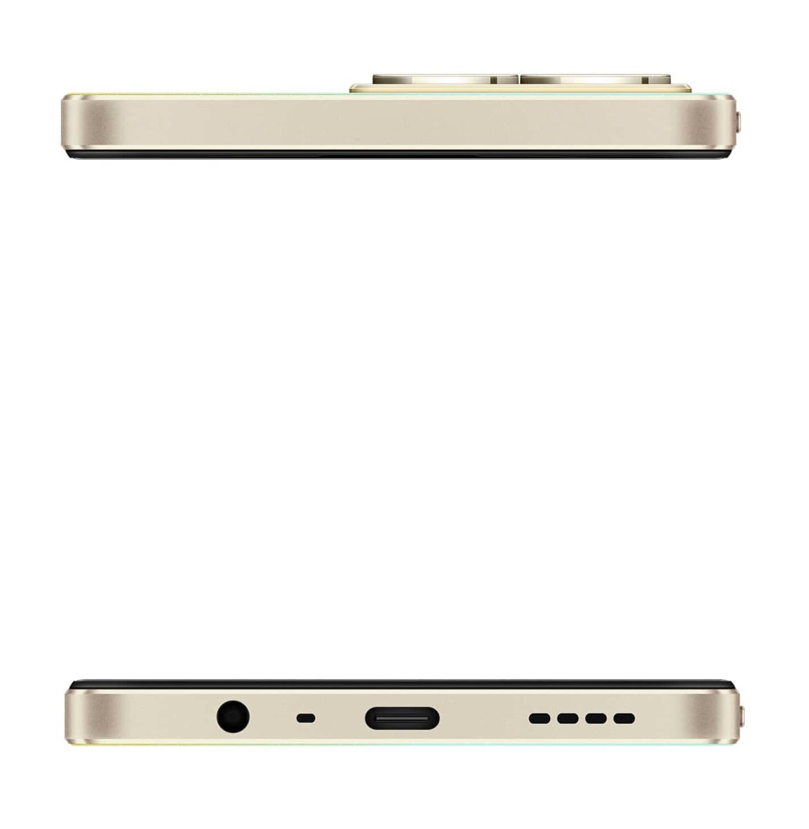 Widoki z góry i z dołu złotego smartfona, pokazujące porty.