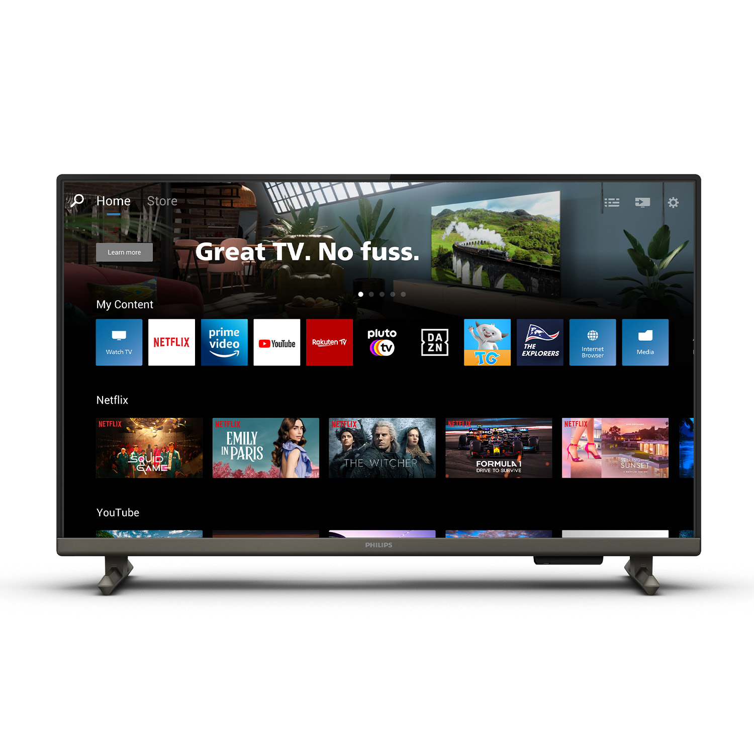 Un televisore a schermo piatto che mostra un'interfaccia Smart TV con icone di app.
